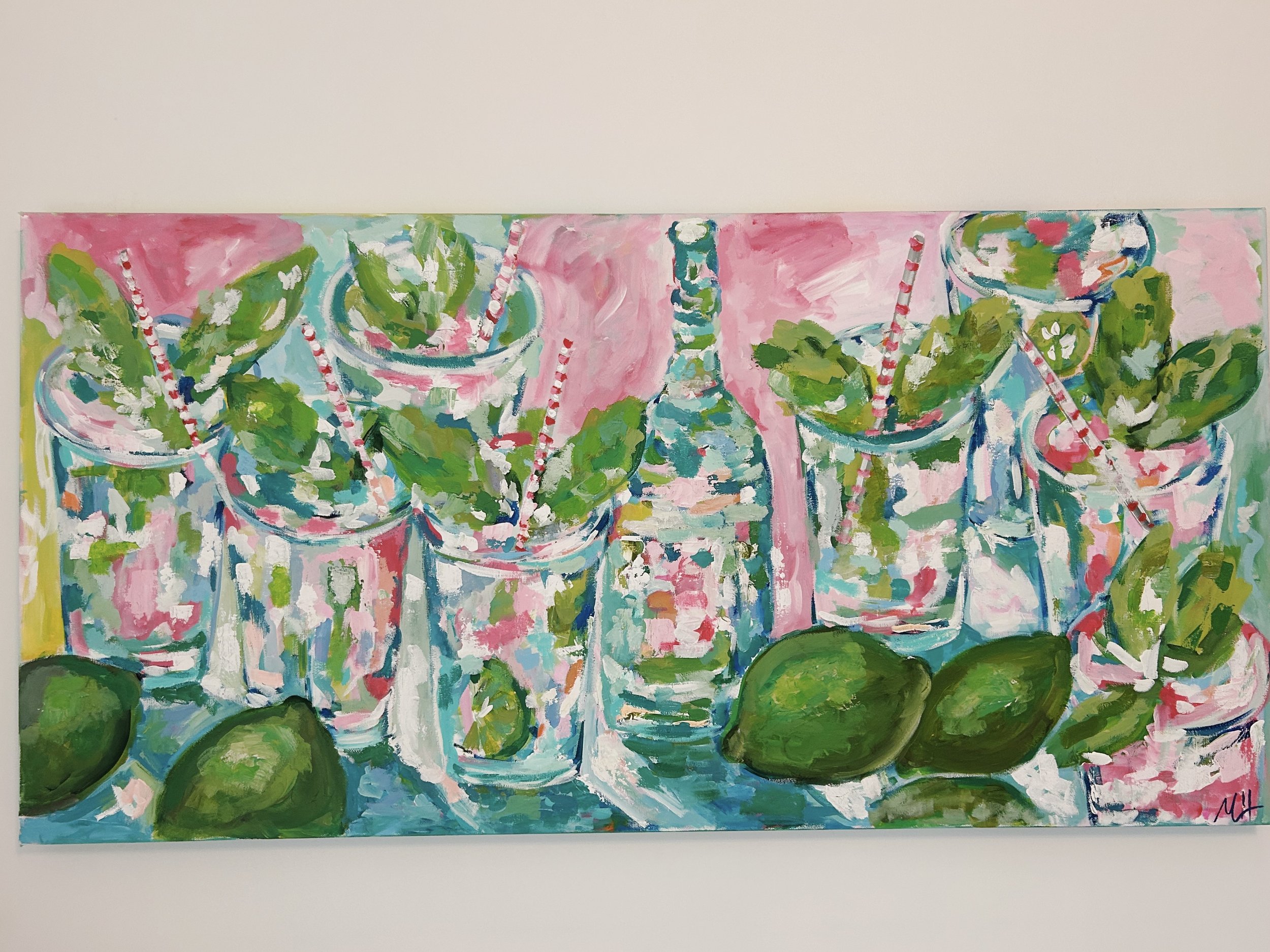 A colorful painting of glass jars filled with green mint leaves and striped red and white straws. Whole limes are at the bottom of the painting.