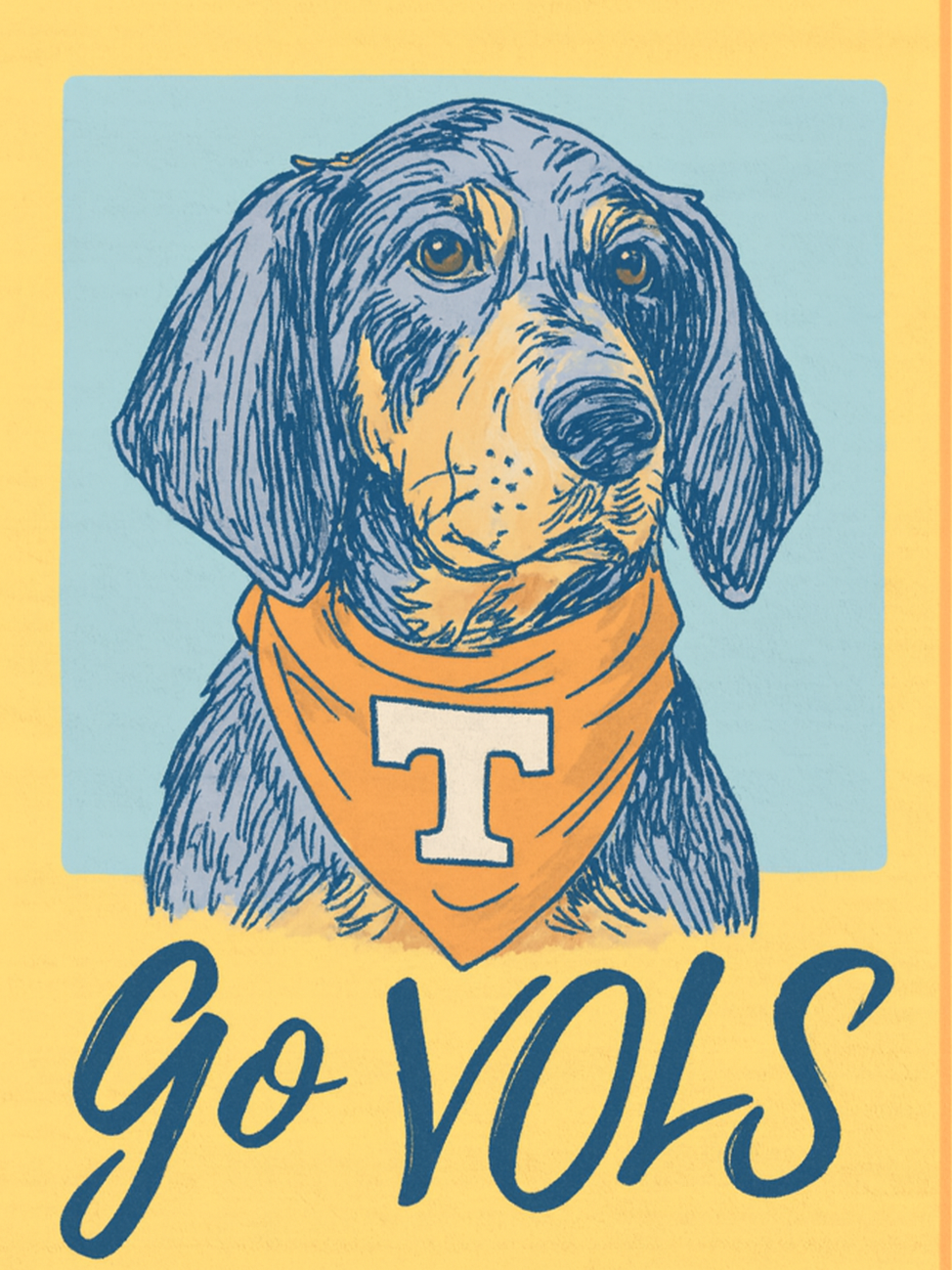 Illustration of a dog with a bandana and letter T, with the phrase 'Go VOLS' below.