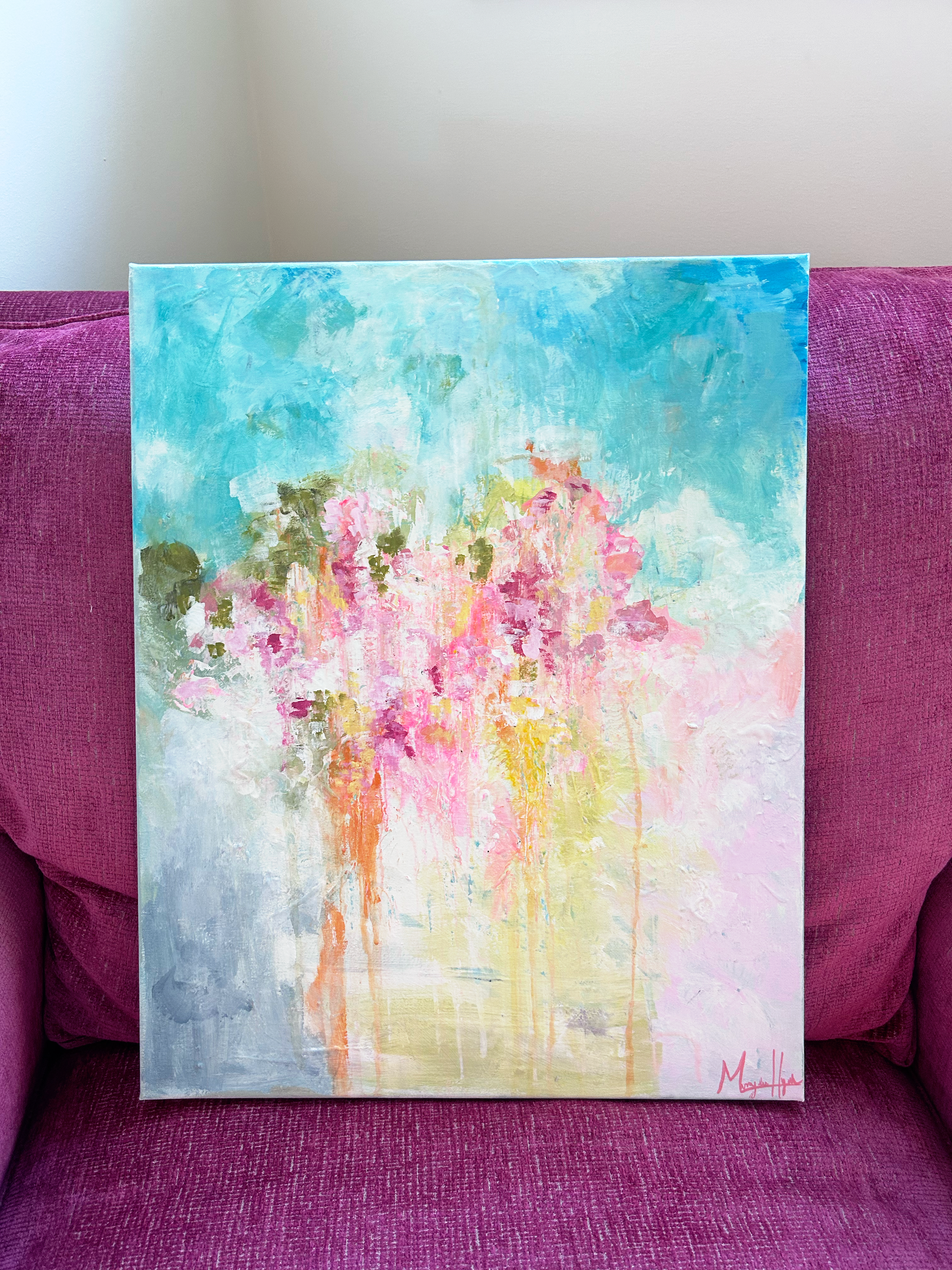 An impressionistic painting of pink and white cherry blossoms reflecting on a water surface with blue and green sky in the background, signed in the top right corner.