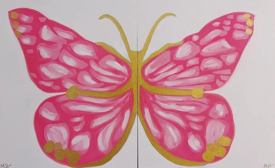 A pink butterfly with yellow accents and white details on its wings, depicted on a white background.
