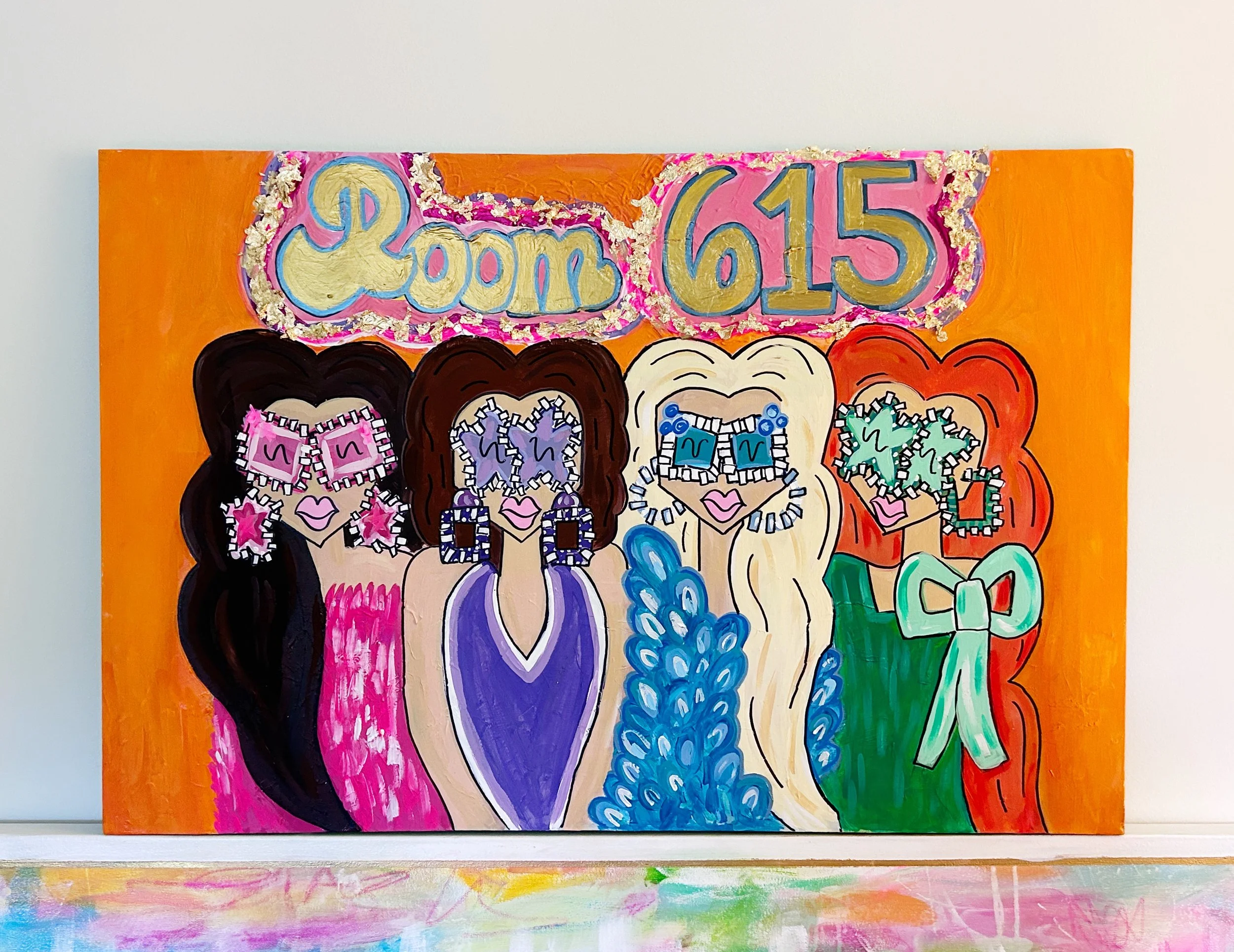 Colorful painting of four women with stylized faces, large earrings, and vibrant dresses, standing under a sign that reads 'Room 615' in decorative letters, on an orange background.