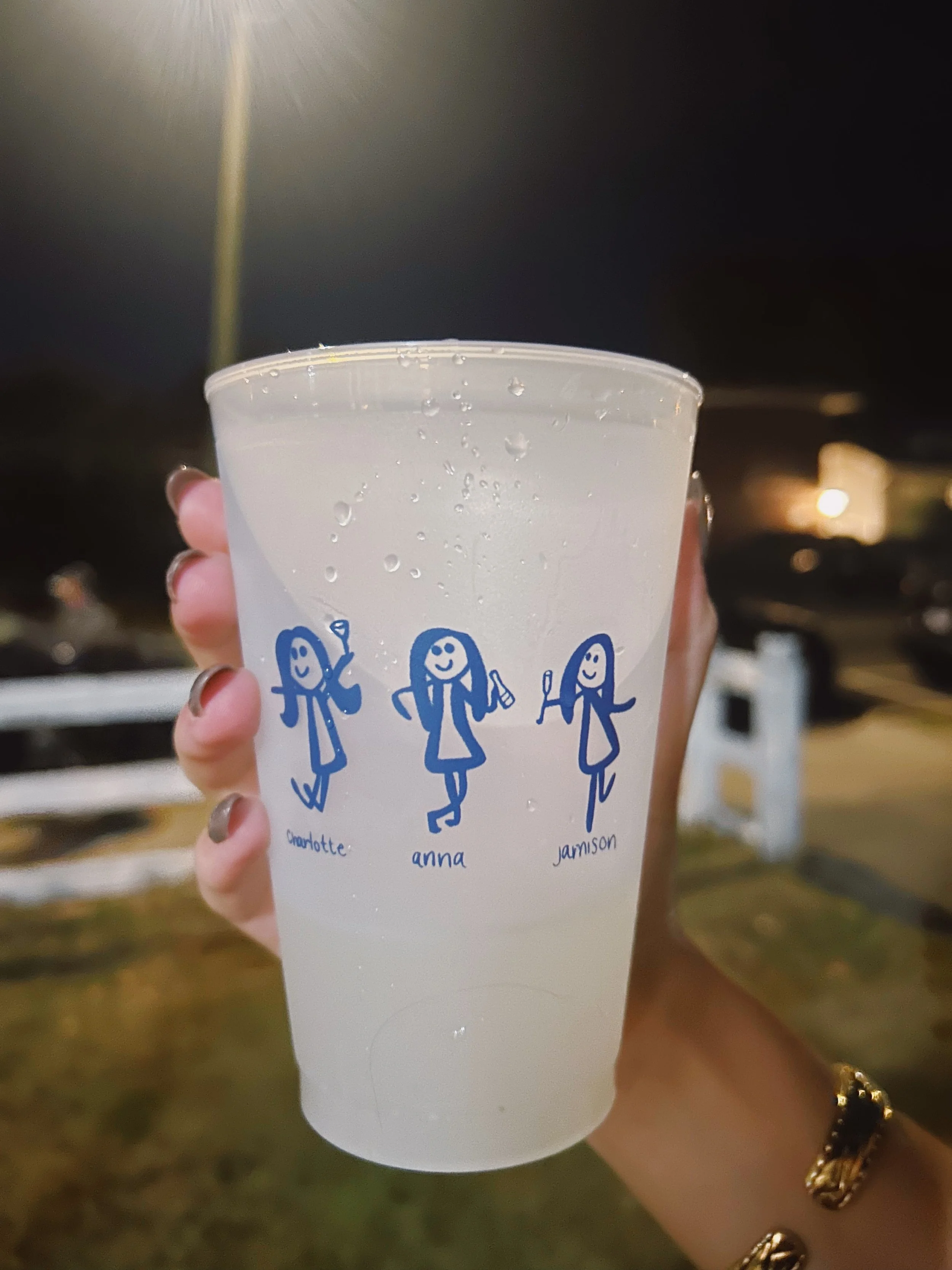 Hand holding a plastic cup with water droplets, featuring line drawings of three girls labeled Charlotte, Anna, and Jamison, at night with a streetlight and cars in the background.