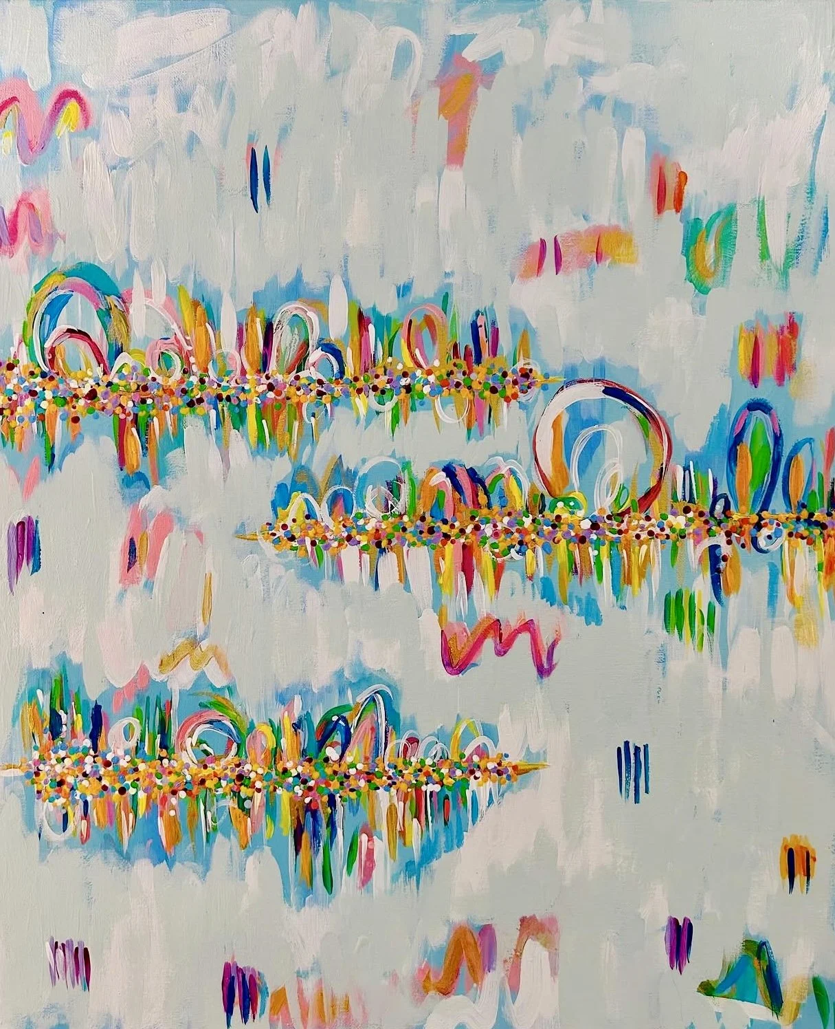 Colorful abstract painting with horizontal chains of multicolored dots and vibrant strokes on a light background.