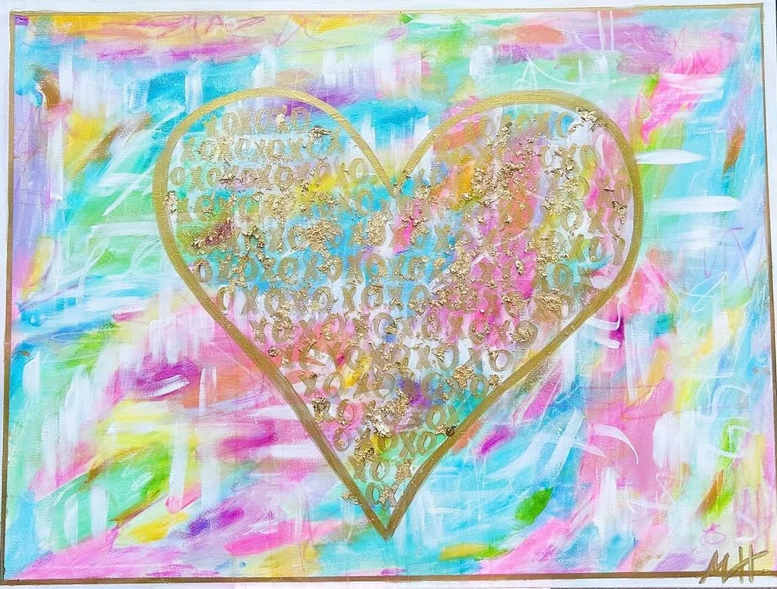 Colorful abstract painting with a large gold-outlined heart filled with gold numbers and letters. The background features pastel colors with brush strokes of pink, blue, green, yellow, and white.