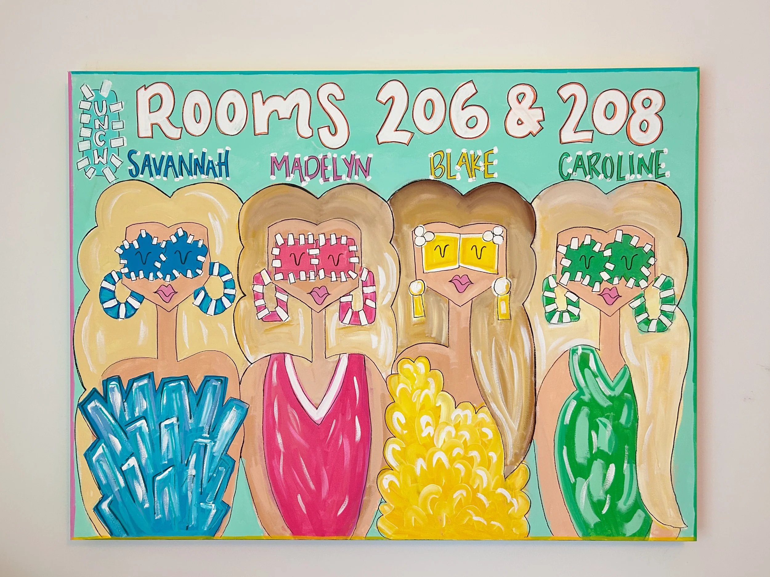 Colorful illustration of four women with long hair, styled with accessories, standing next to each other. They are labeled as Savannah, Madelyn, Blake, and Caroline, with decorative text at the top indicating rooms 206 and 208 and a small snowflake d