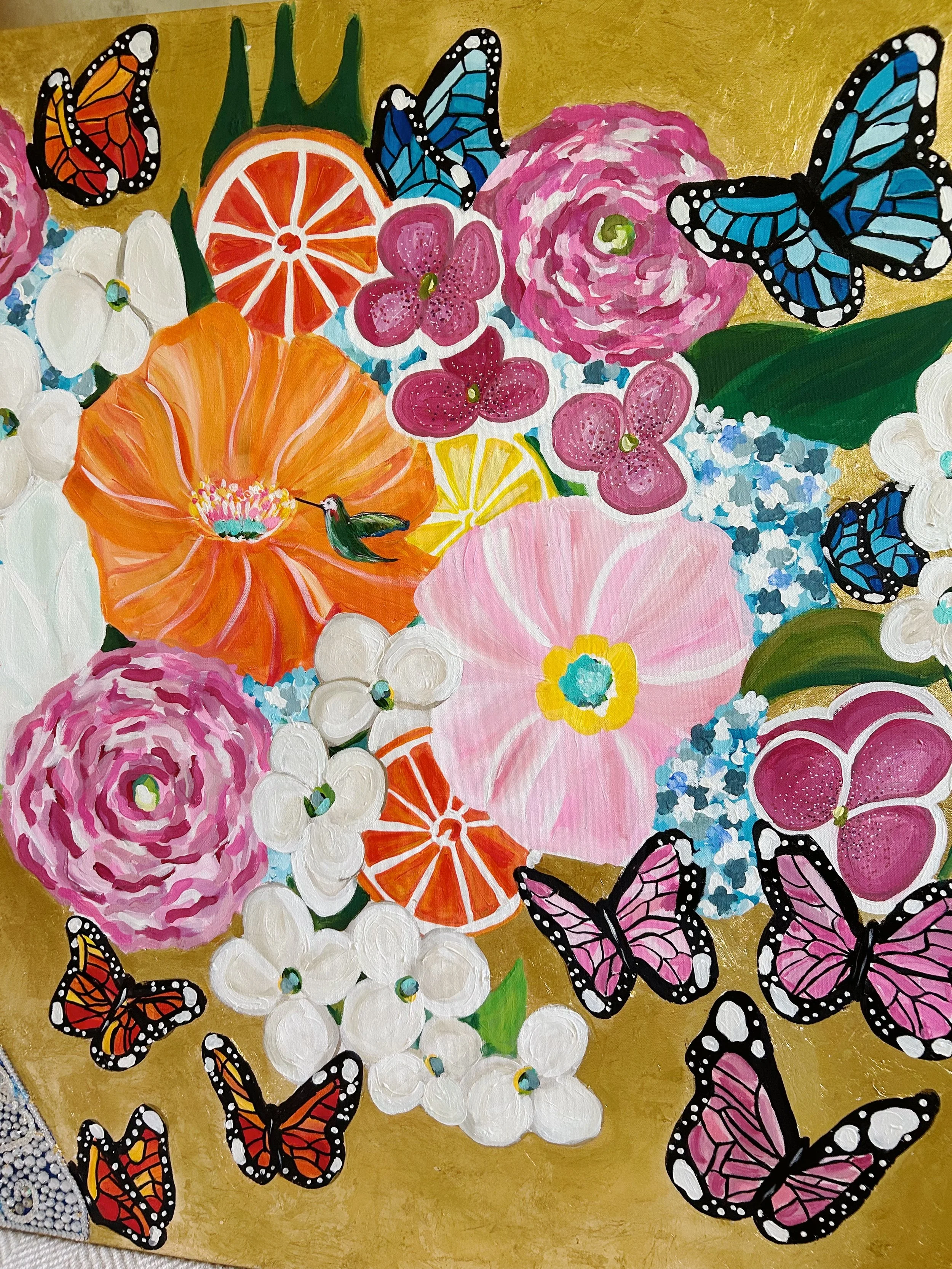 Bright, colorful painting of assorted flowers with pink, purple, white, and orange blooms, surrounded by blue and orange butterflies on a gold background.