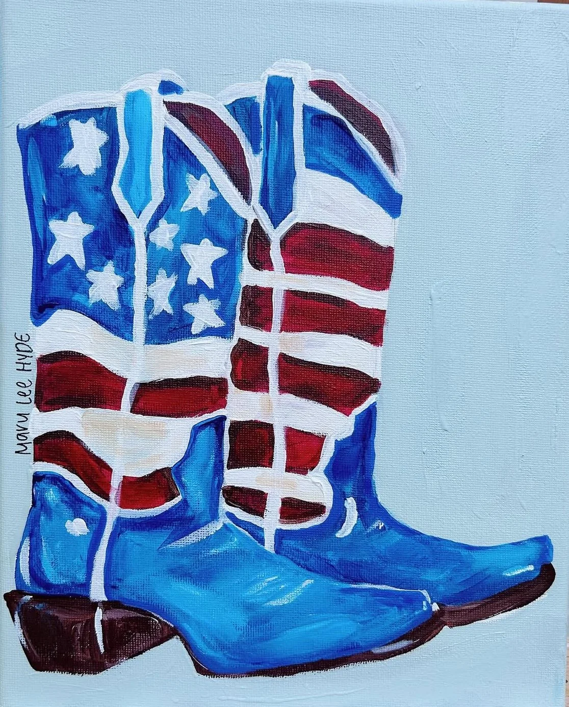 Painting of cowboy boots decorated with the American flag, featuring stars and stripes in red, white, and blue.
