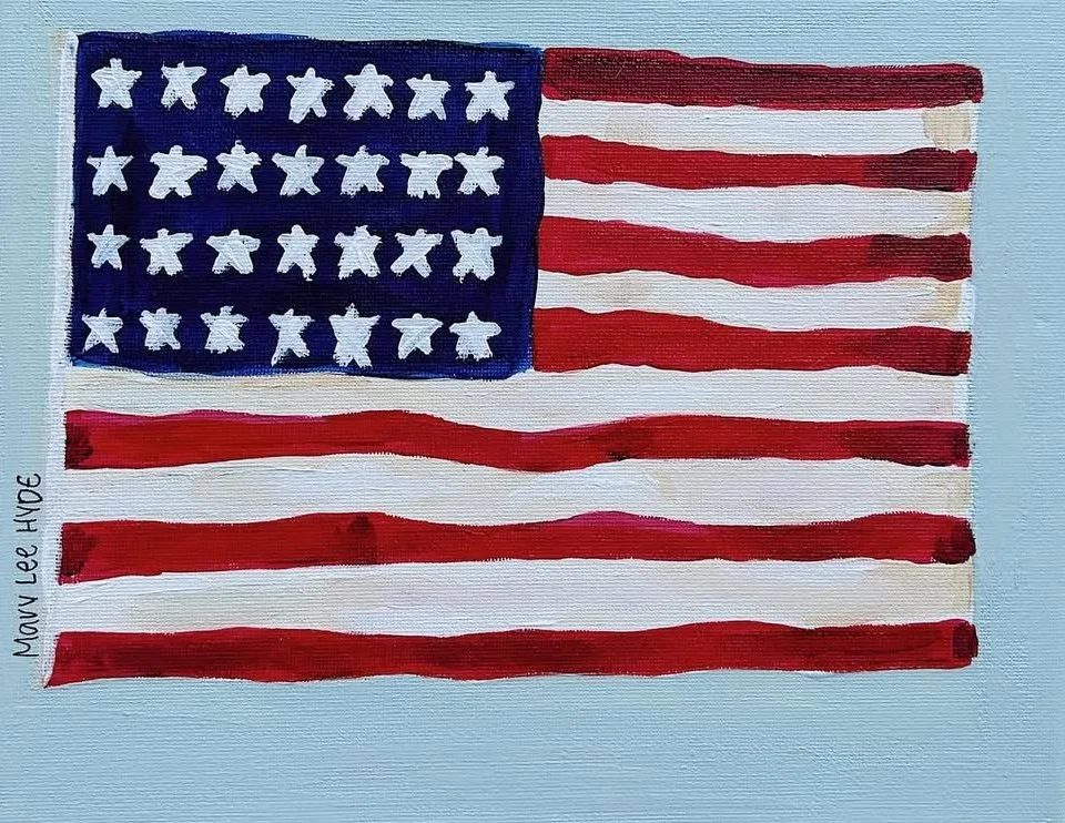 A painted American flag with a blue rectangle containing white stars in the upper left corner and alternating red and white stripes. The artist's signature is on the left side.