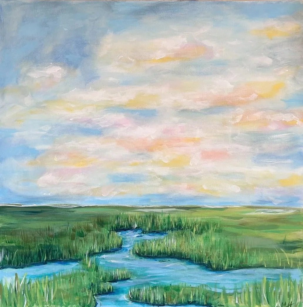 An acrylic or oil painting of a marshland landscape with a winding waterway, green grass, and a cloudy sky painted in pastel colors.