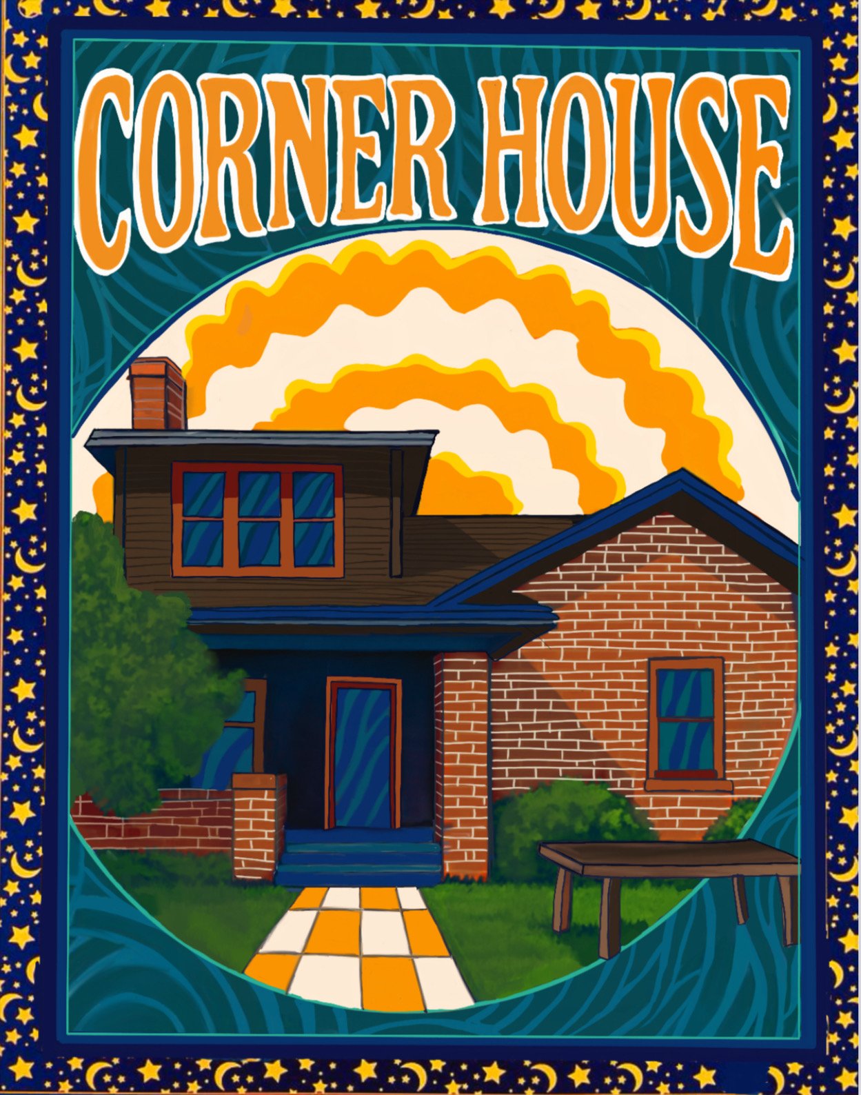 Colorful illustrated sign for 'Corner House' featuring a house with brick and wooden siding, surrounded by greenery and a checkered pathway, with a dreamlike sky in the background.