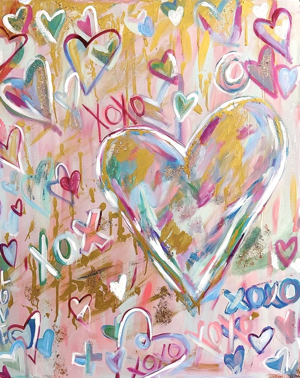 A colorful, abstract painting featuring a large heart at the center with multicolored strokes and surrounding smaller hearts, pink, blue, green, and gold accents, and the words 'XOXO' and 'LOVE' scattered across the background.