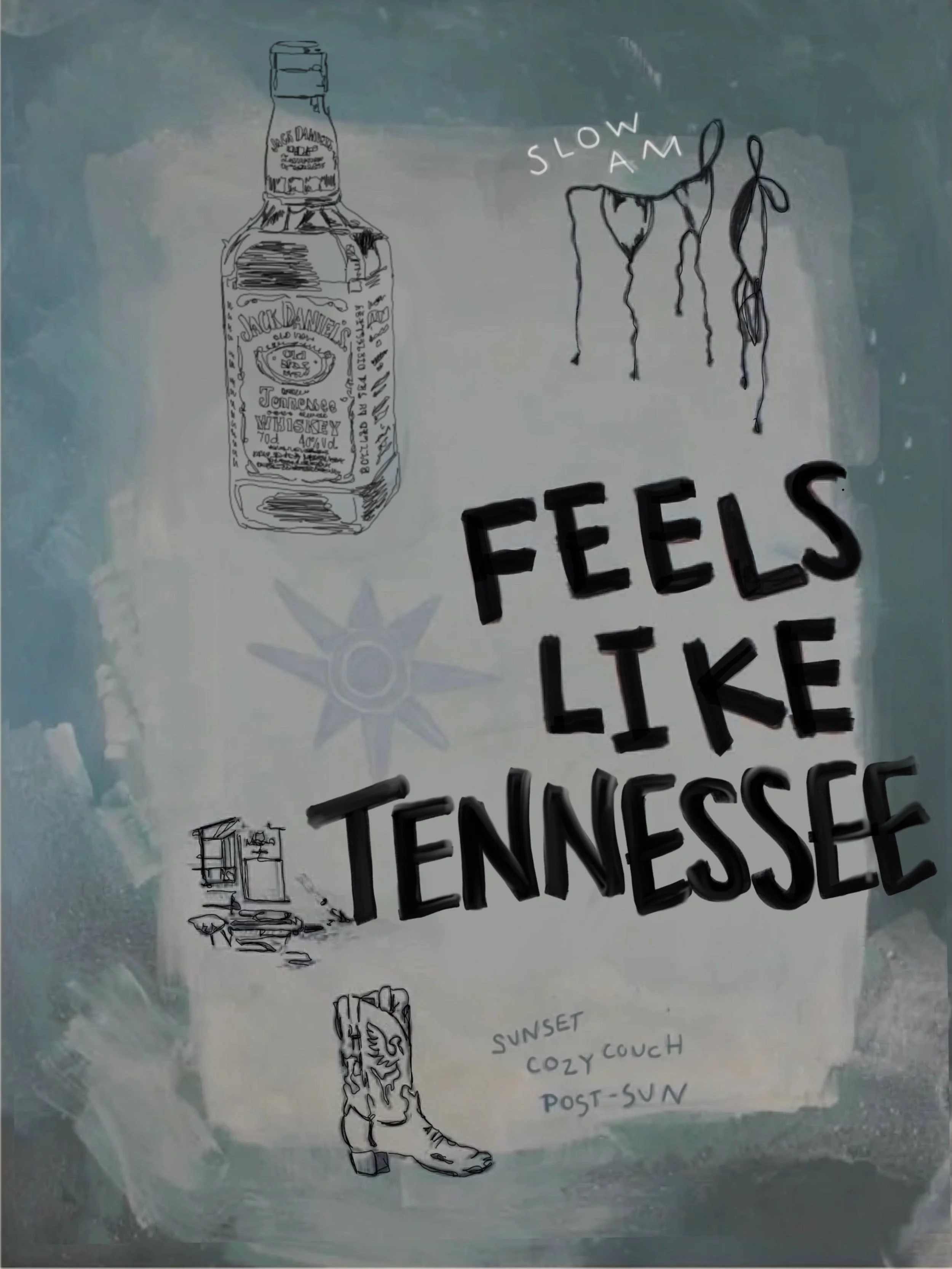 Hand-drawn illustration with a jar of Jack Daniel's whiskey, a cowboy boot, a color palette, and the text 'Feels Like Tennessee'.