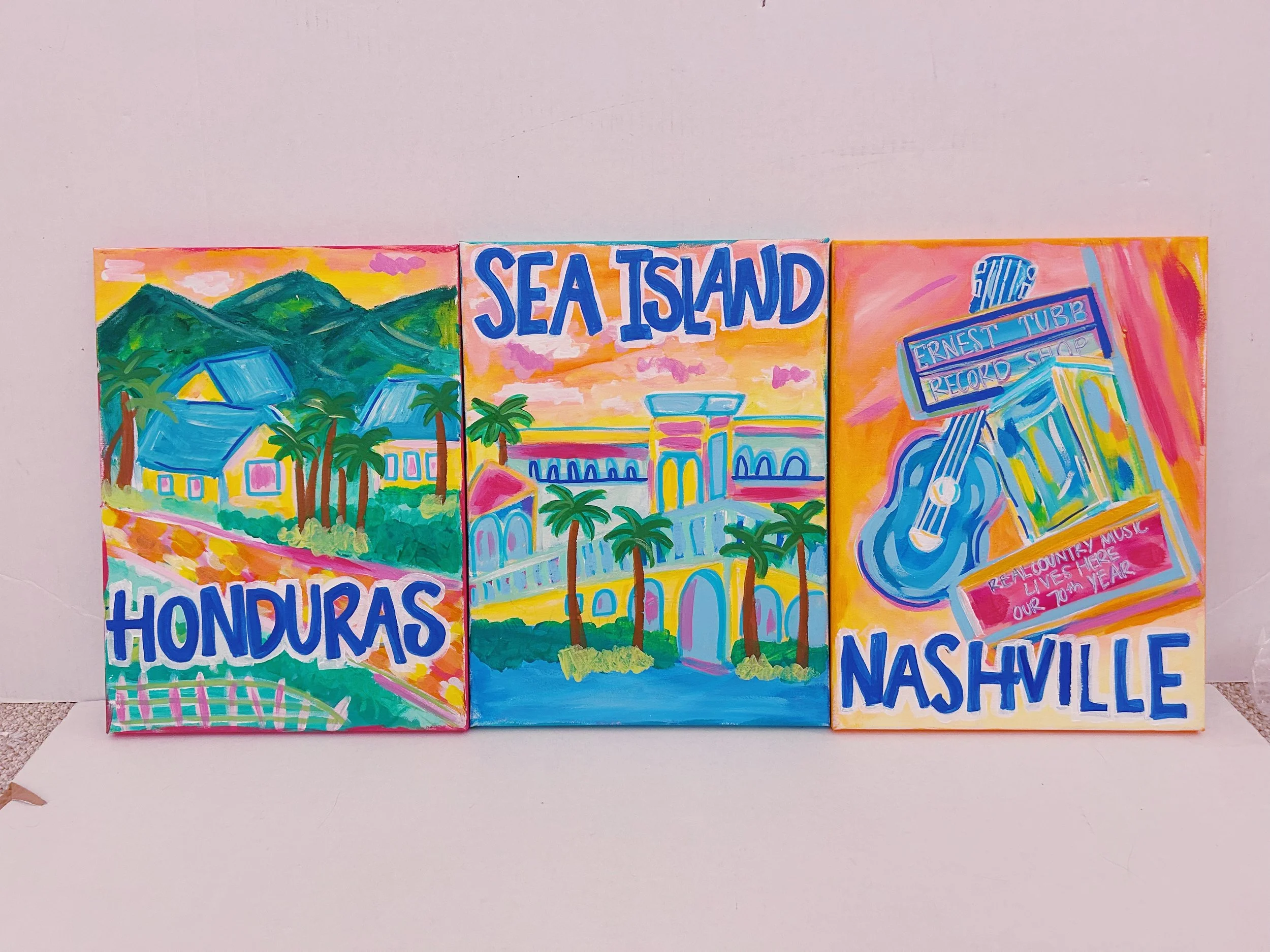 Colorful paintings representing Honduras, Sea Island, and Nashville, with scenic landscapes, palm trees, and musical imagery.