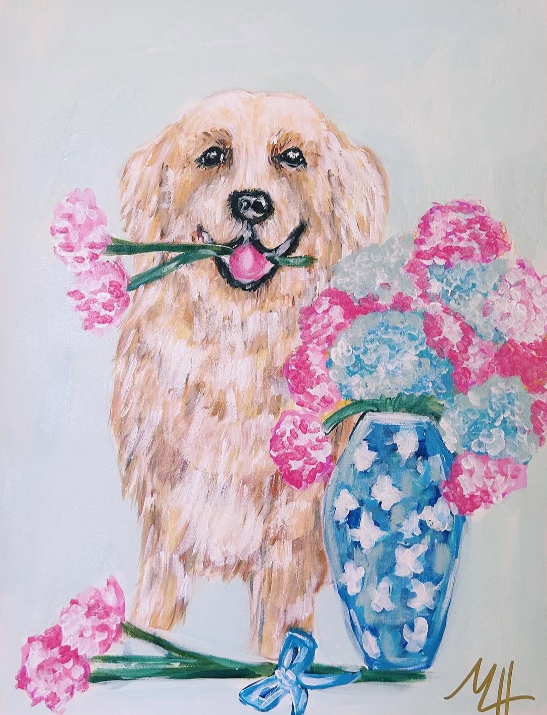 Painting of a fluffy golden retriever with a pink flower in its mouth, standing next to a blue vase filled with pink, white, and blue hydrangea flowers.
