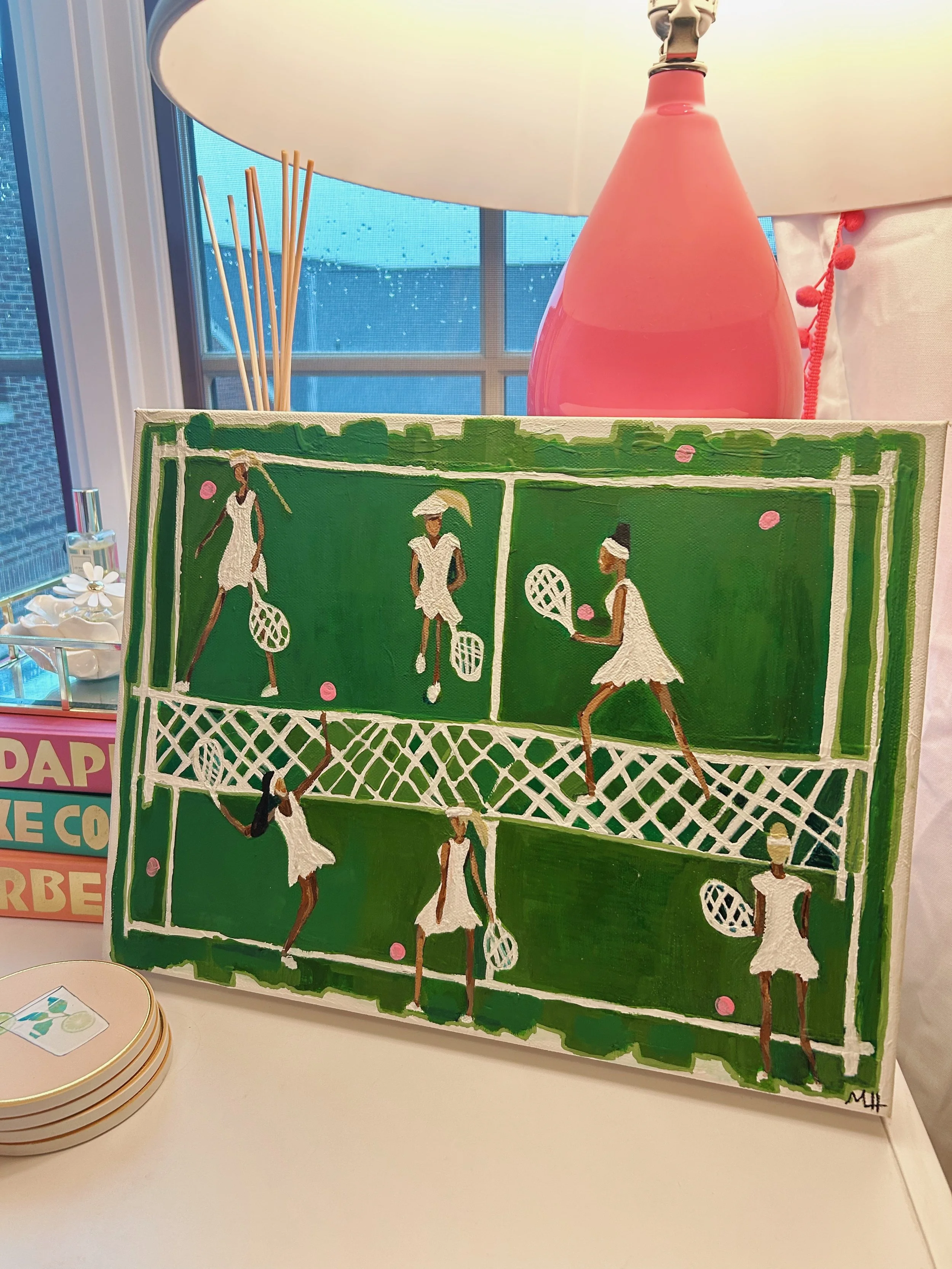 Painted artwork of six women playing tennis on a green court, with some women shown holding tennis rackets and others in action.