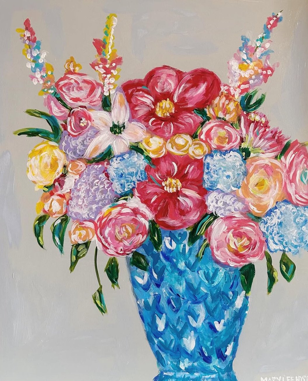 A colorful painting of a bouquet of flowers in a textured blue vase, featuring pink, red, yellow, white, and purple blooms.