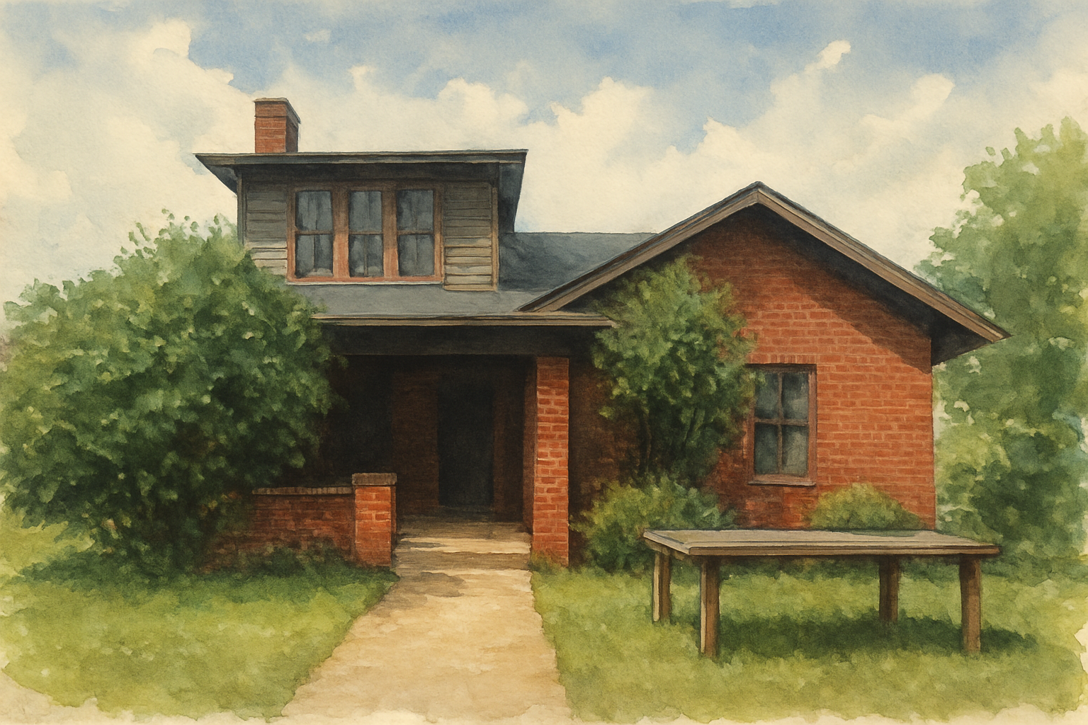 A watercolor painting of a brick house with a porch, surrounded by trees and greenery, under a partly cloudy sky.