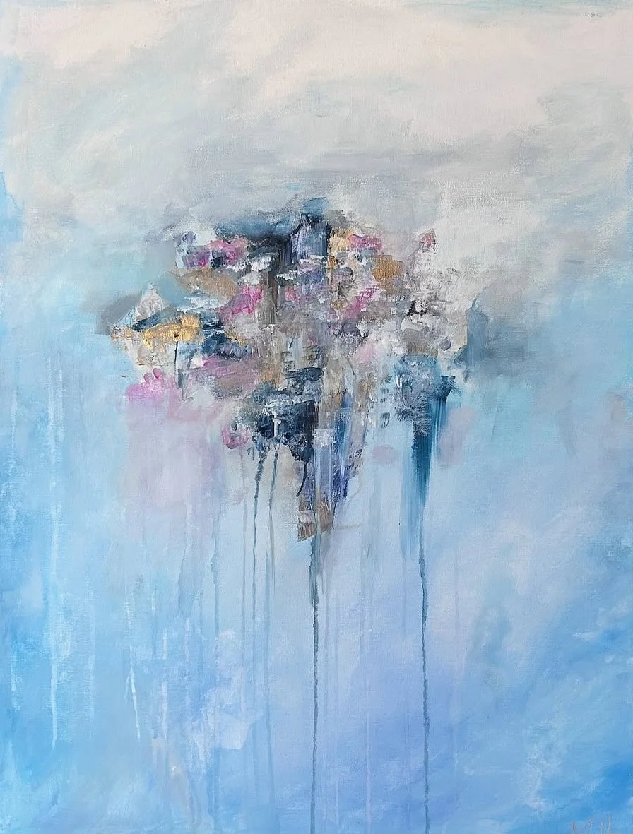 Abstract watercolor painting with pastel colors and drips.