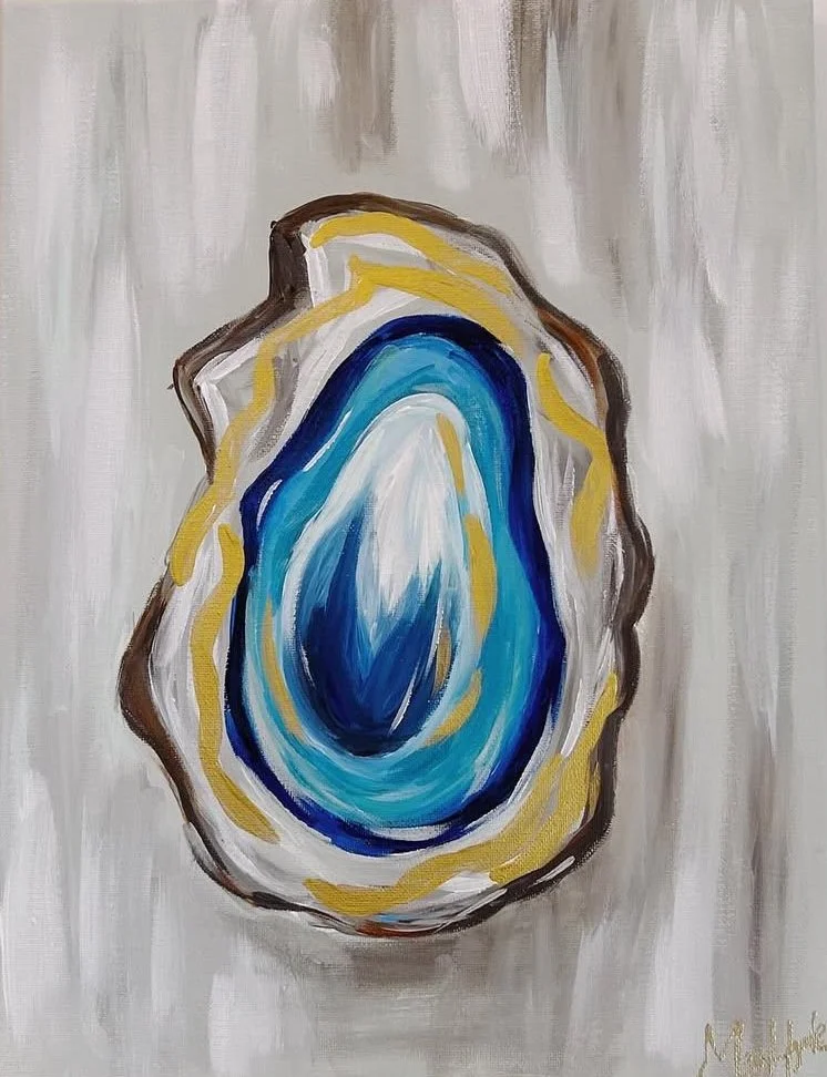 A painting of a blue and white geode with yellow and brown accents on a white background.
