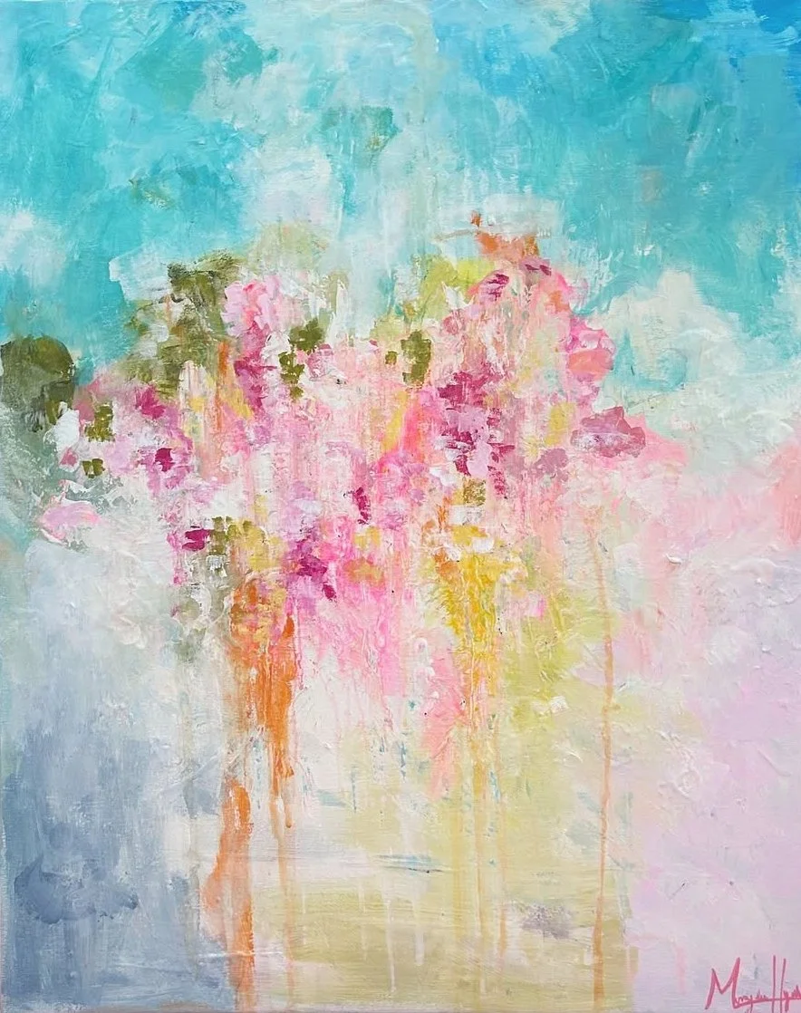 Abstract painting of pink, yellow, and green flowers on a light blue and white background.