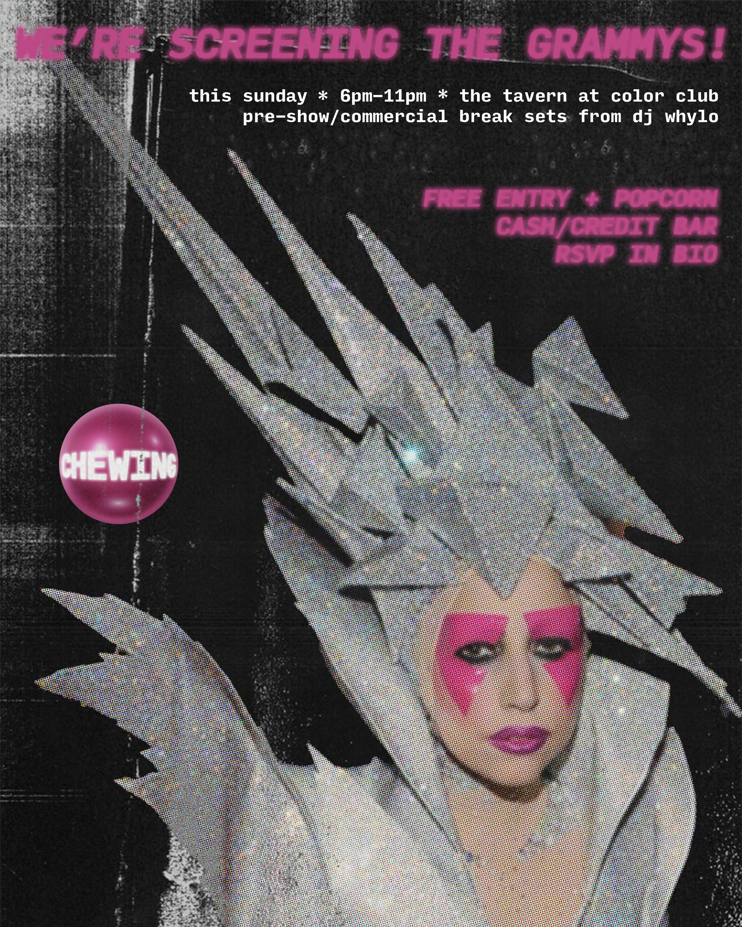 A promotional poster for an event featuring a person in avant-garde costume with spiked, metallic headpiece and bold makeup, advertising a screening of the Grammys with free entry, popcorn, and a cash or credit bar, taking place at The Tavern at Color Club.