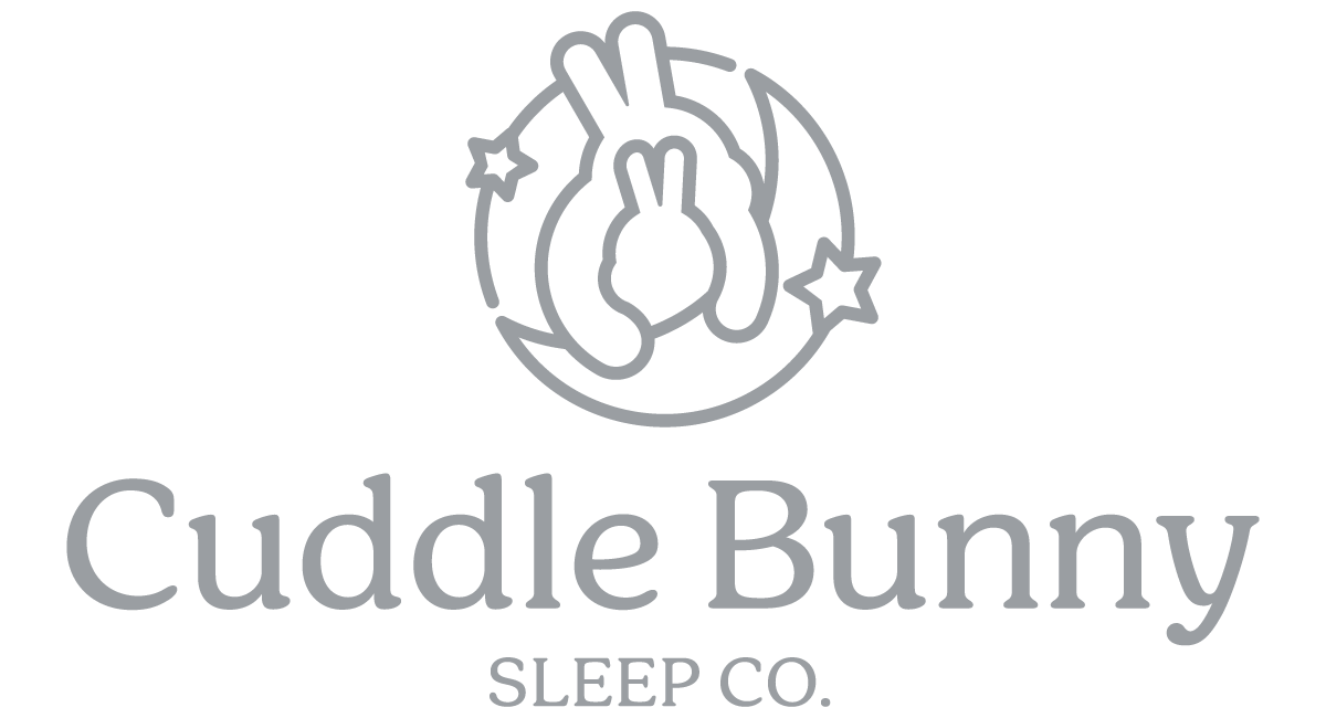 Logo for Cuddle Bunny Sleep Co. featuring a stylized line drawing of a bunny's face surrounded by stars and a moon.