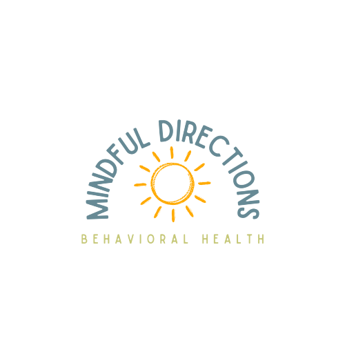 A logo with a stylized sun centered above the words 'Mindful Directions' in light blue, curved text. Below, in smaller letters, is 'Behavioral Health' in black.
