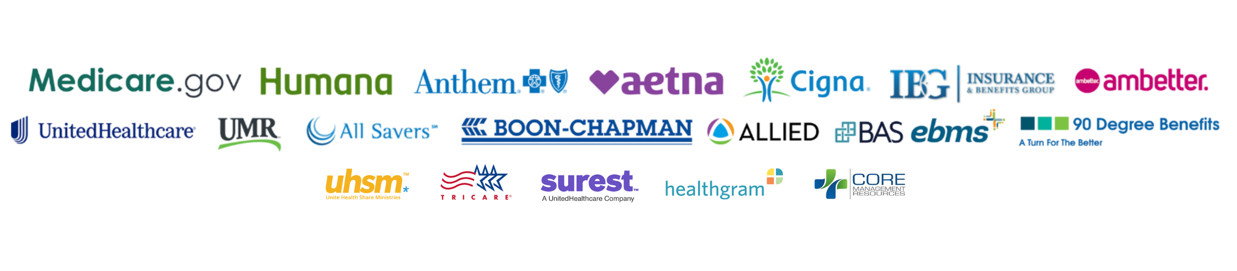 Collection of healthcare and insurance company logos, including Medicare, Humana, Anthem, Aetna, Cigna, IEBG, Ambetter, UnitedHealthcare, UMR, All Savers, Boon-Chapman, Allied, BAS, ebms, 90 Degree Benefits, UHS, Tricare, Surest, healthgram, CORE.