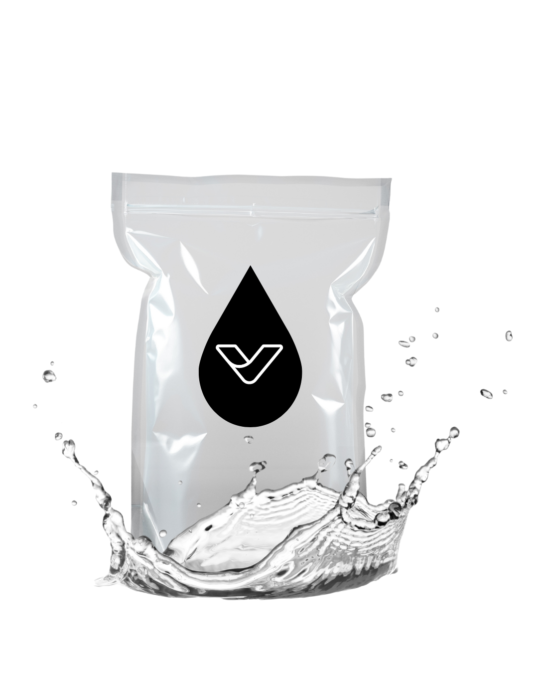 Silver packaging with a black drop icon and a white logo inside the drop, with water splash surrounding the packaging.