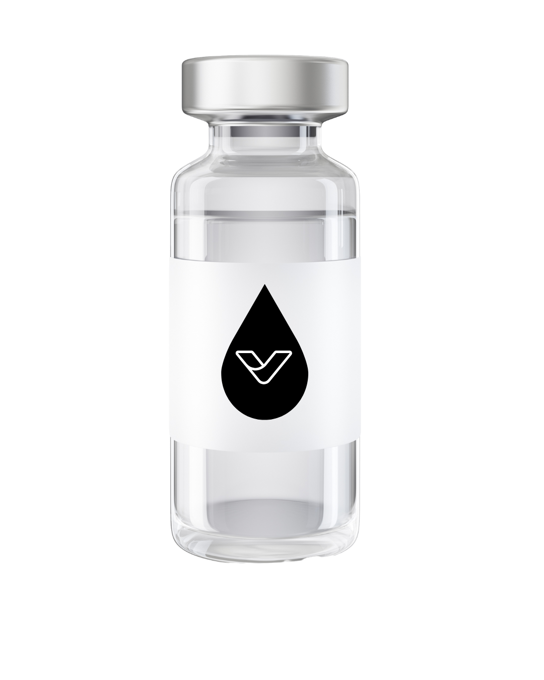 A small clear glass vial with a silver cap, featuring a white label with a black water droplet symbol containing a stylized check mark.