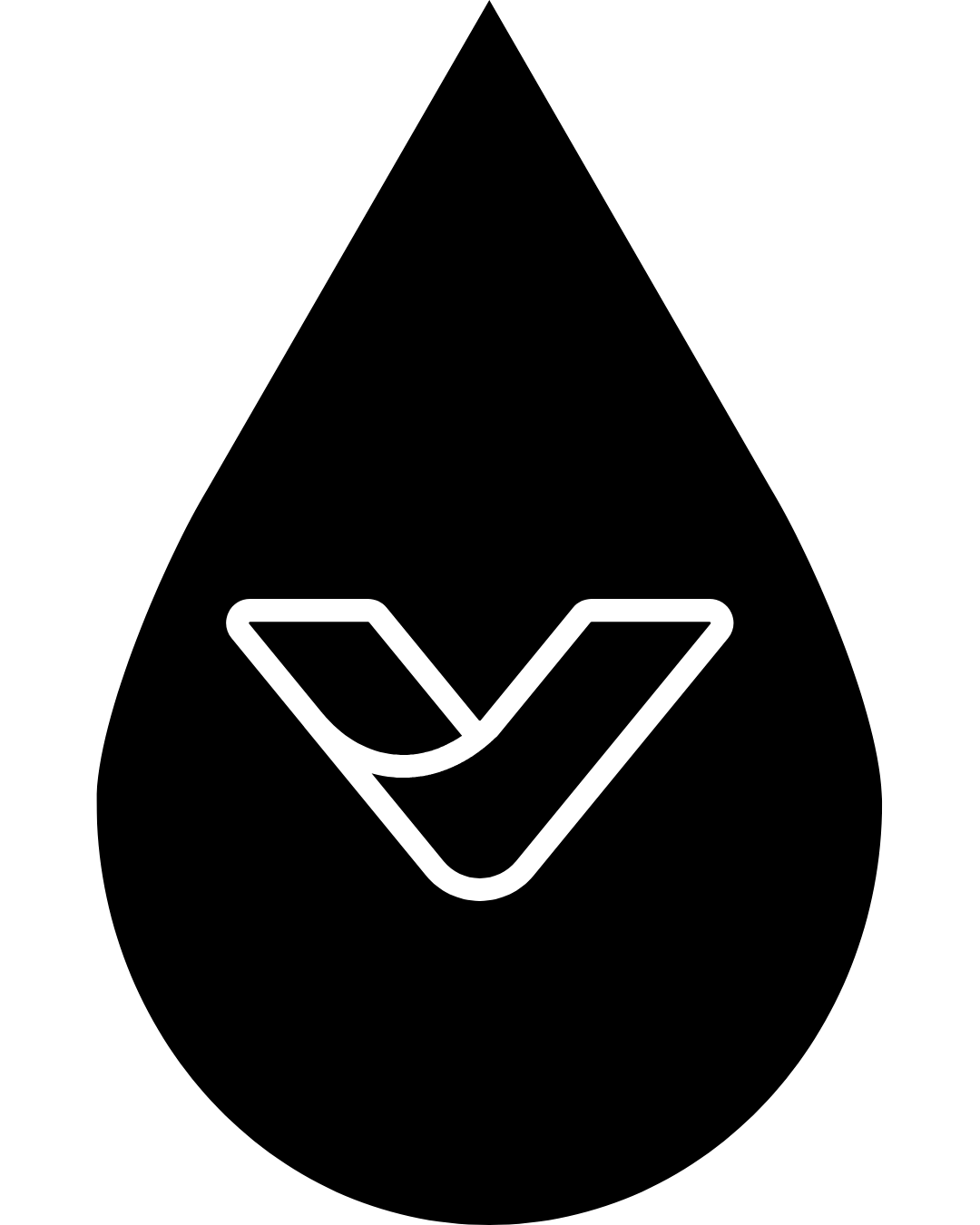 Black background with a white logo consisting of a stylized check mark inside a shield shape.