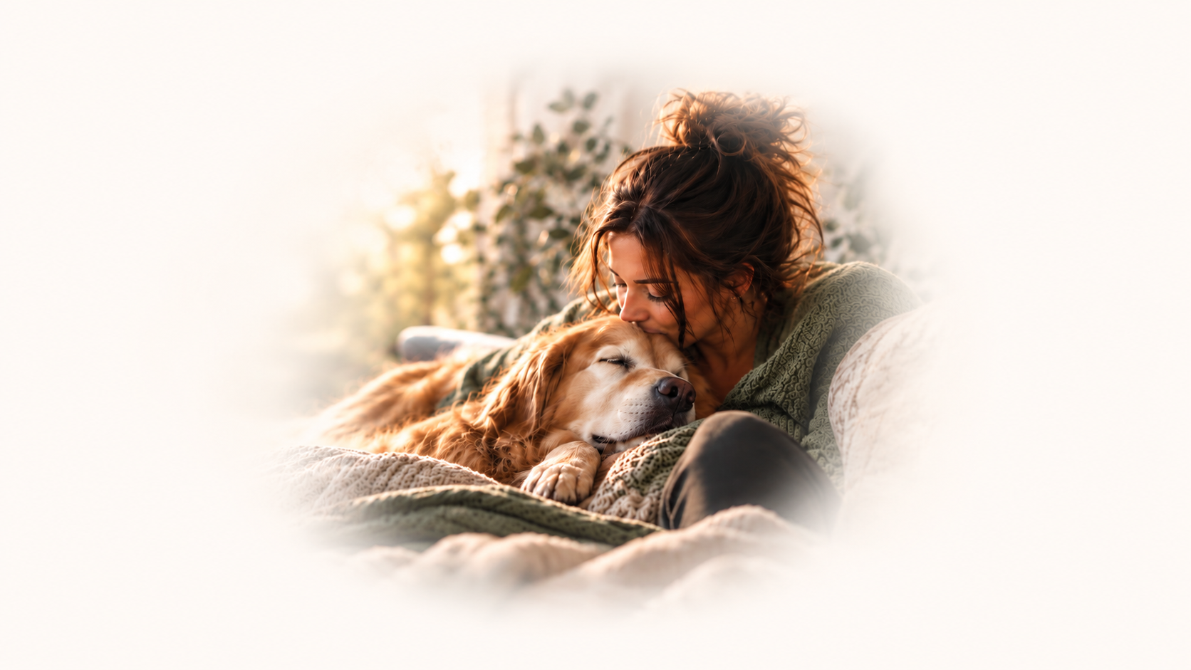 A woman with wavy brown hair cuddling her sleeping golden retriever on a cozy couch, with warm sunlight in the background.
