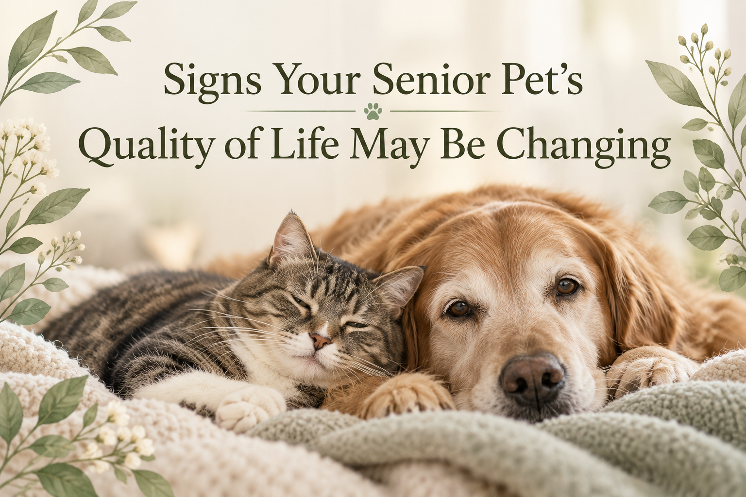 A cat and a dog lying close together on a cozy blanket, with the text 'Signs Your Senior Pet's Quality of Life May Be Changing' overlaid. The background is softly focused with floral accents.