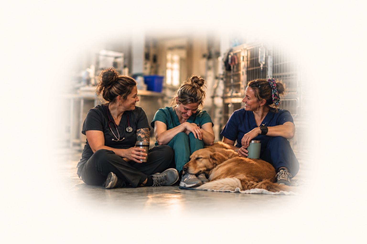 Three women dressed as healthcare professionals sitting on the floor with a sleeping golden retriever in a veterinary clinic, smiling and engaging in conversation.
