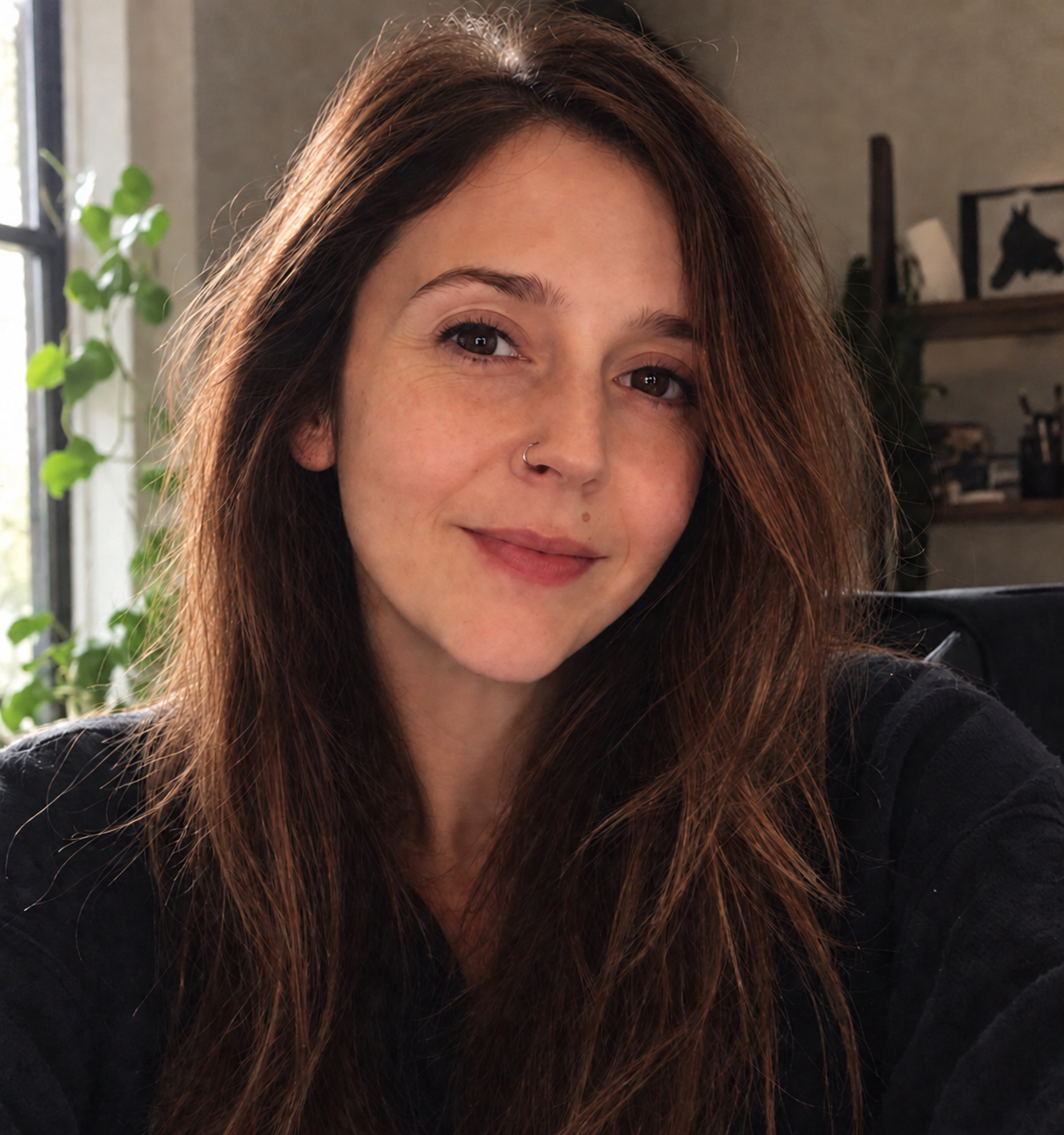 Close-up of a smiling woman with long brown hair, dark eyes, and a nose ring, in a well-lit room with a window and plants in the background.