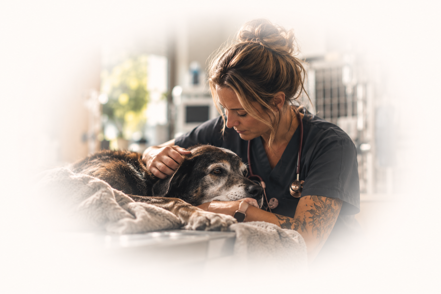 A veterinarian gently comfort a dog lying on an examination table in a veterinary clinic.