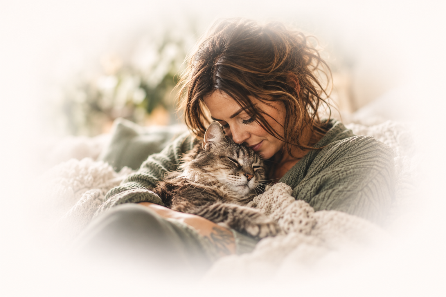 A woman with curly brown hair cuddling a gray tabby cat on a bed, both with eyes closed, in a cozy, softly lit room.