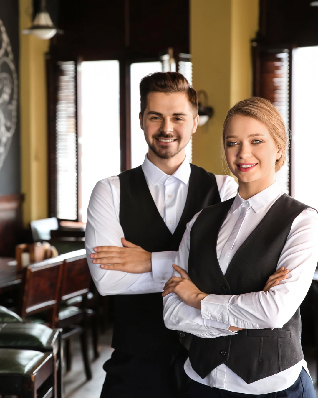 Due camerieri sorridenti, un uomo e una donna, in divise da lavoro, all'interno di un ristorante.