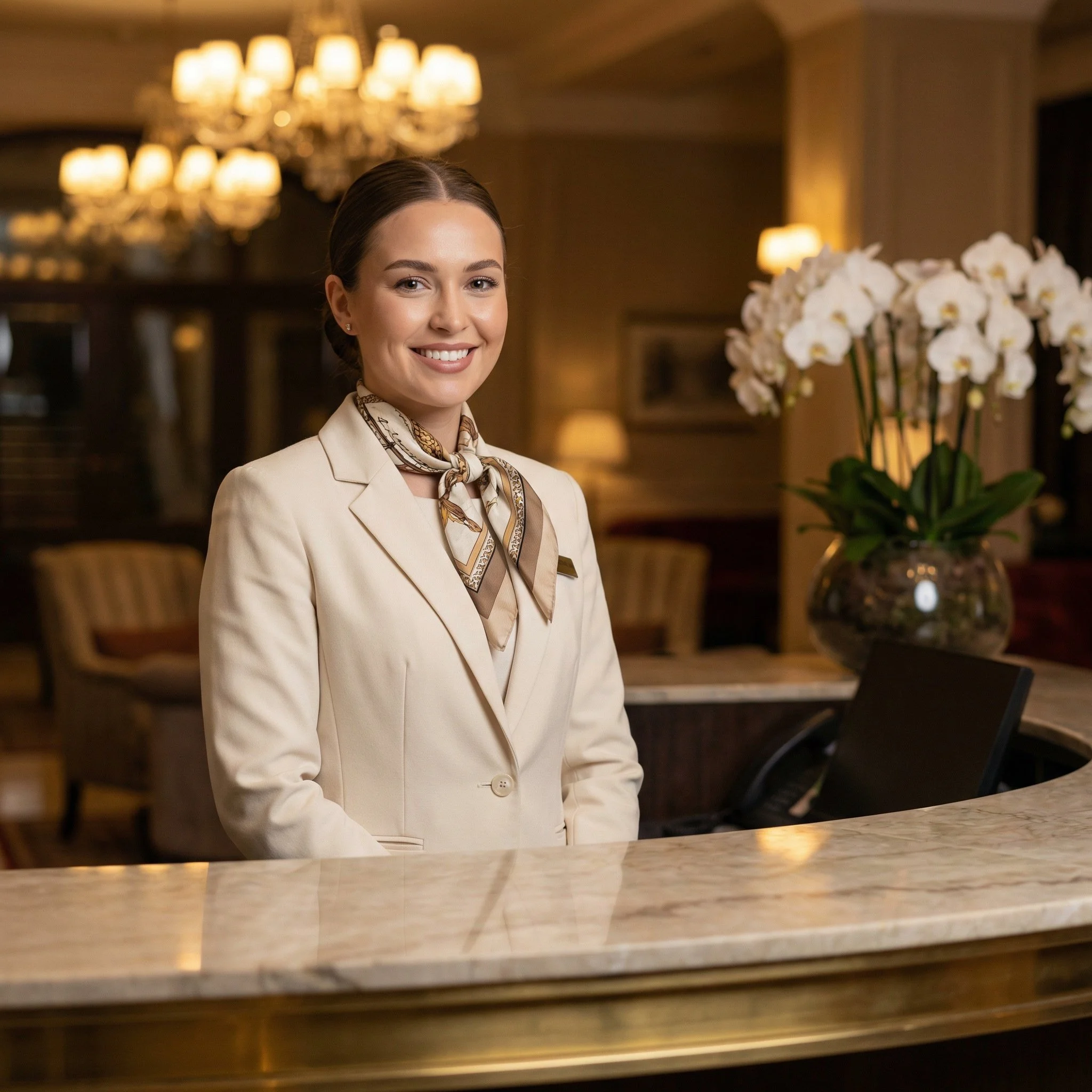 Una donna sorridente al ricevimento di un hotel di lusso, vestita con una giacca beige e una sciarpa annodata al collo, dietro il bancone di un'accoglienza elegante con decorazioni di fiori bianchi.