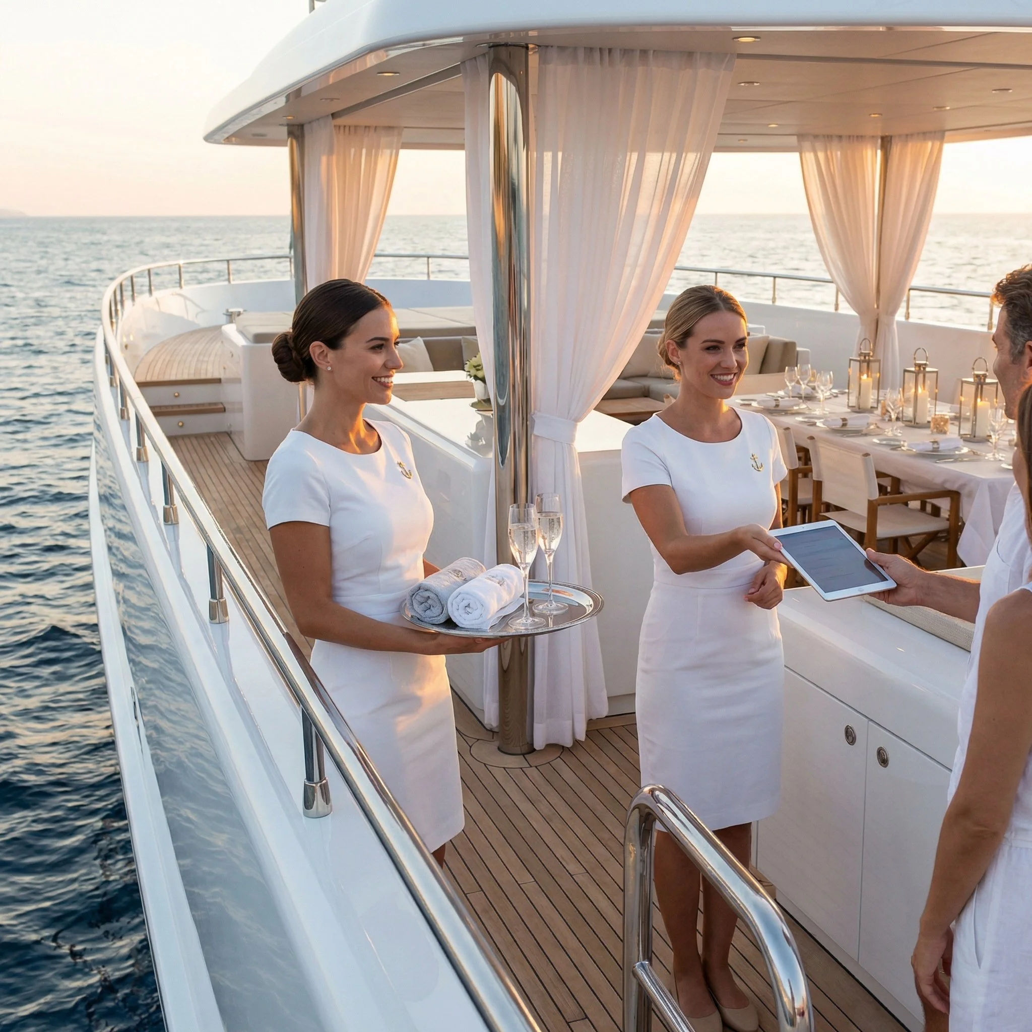 Serverette in abiti bianchi servono il tè sul ponte di una yacht mentre un ospite riceve un tablet, sullo sfondo il mare al tramonto.