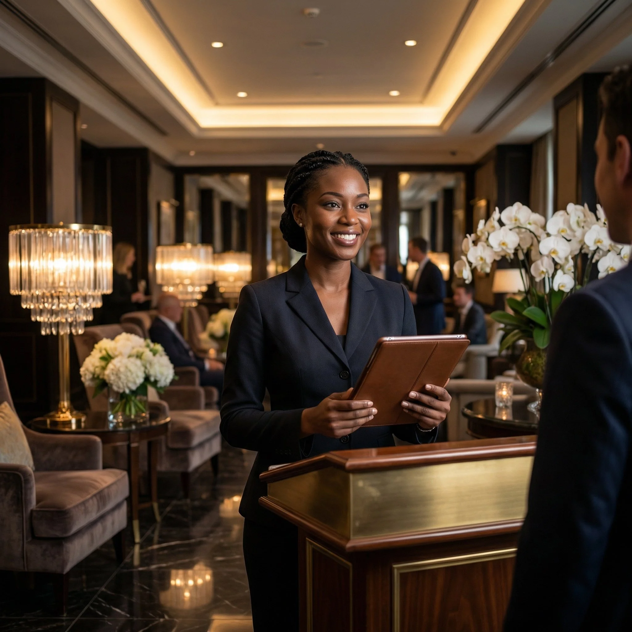 Una donna sorridente al bancone della reception di un hotel di lusso mentre interagisce con un ospite, con decorazioni floreali e arredamento elegante.