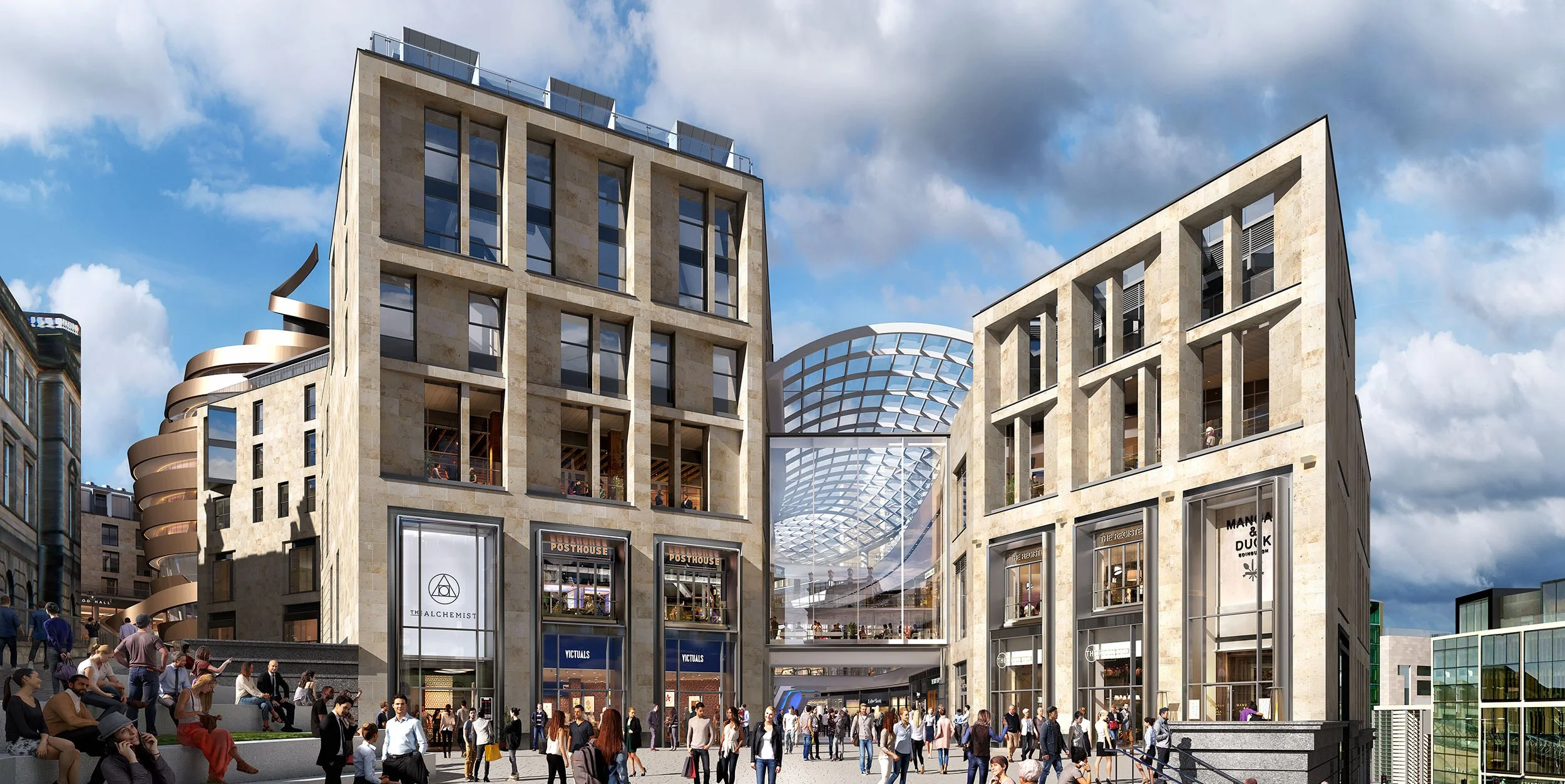 St James Quarter shopping center with two multi-story buildings and a glass-domed roof connecting them. People are walking and sitting in the outdoor area.