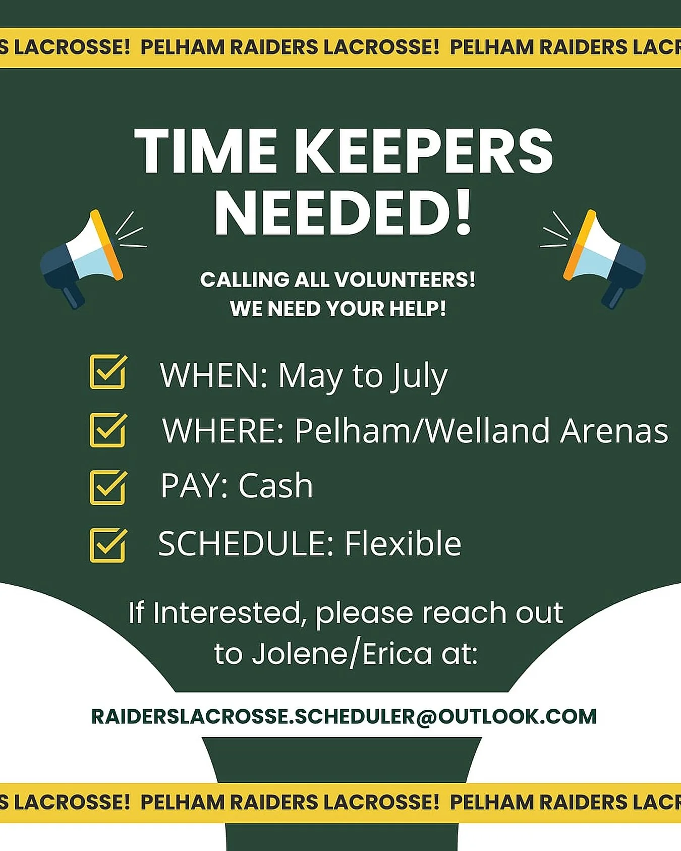 ⭐️Time Keepers Needed⭐️

➡️Must be 13+ to apply

⏰For any questions or to apply for a position, please email Jolene/Erica at raiderslacrosse.scheduler@outlook.com