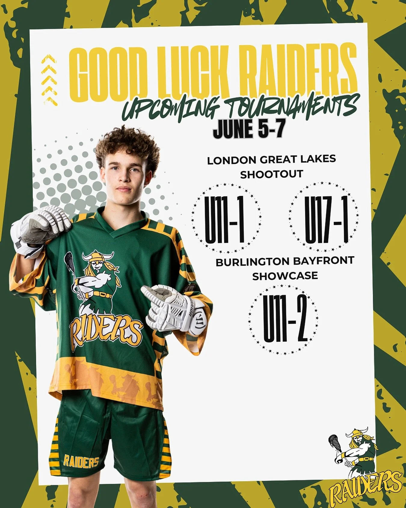 🥍💚 ANOTHER TOURNAMENT WEEKEND STARTS THIS FRIDAY!💛🔥

Good luck to our Pelham Raiders teams heading out to compete this weekend, June 5&ndash;7! ⚡

🏆 U11-1 &rarr; London Great Lakes Shootout 🏆 U17-1 &rarr; London Great Lakes Shootout 🏆 U11-2 &r