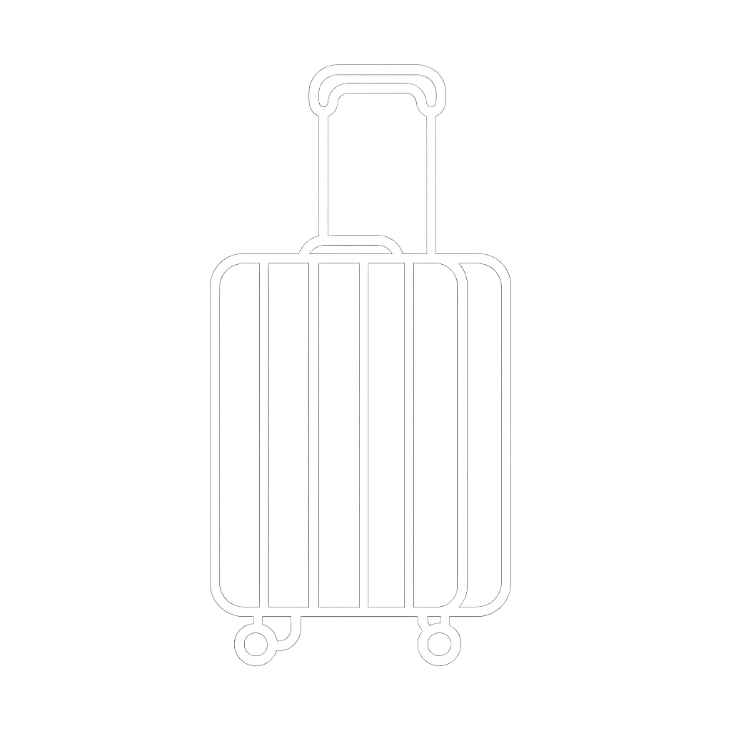 Outline drawing of a rolling suitcase with a handle and four wheels.