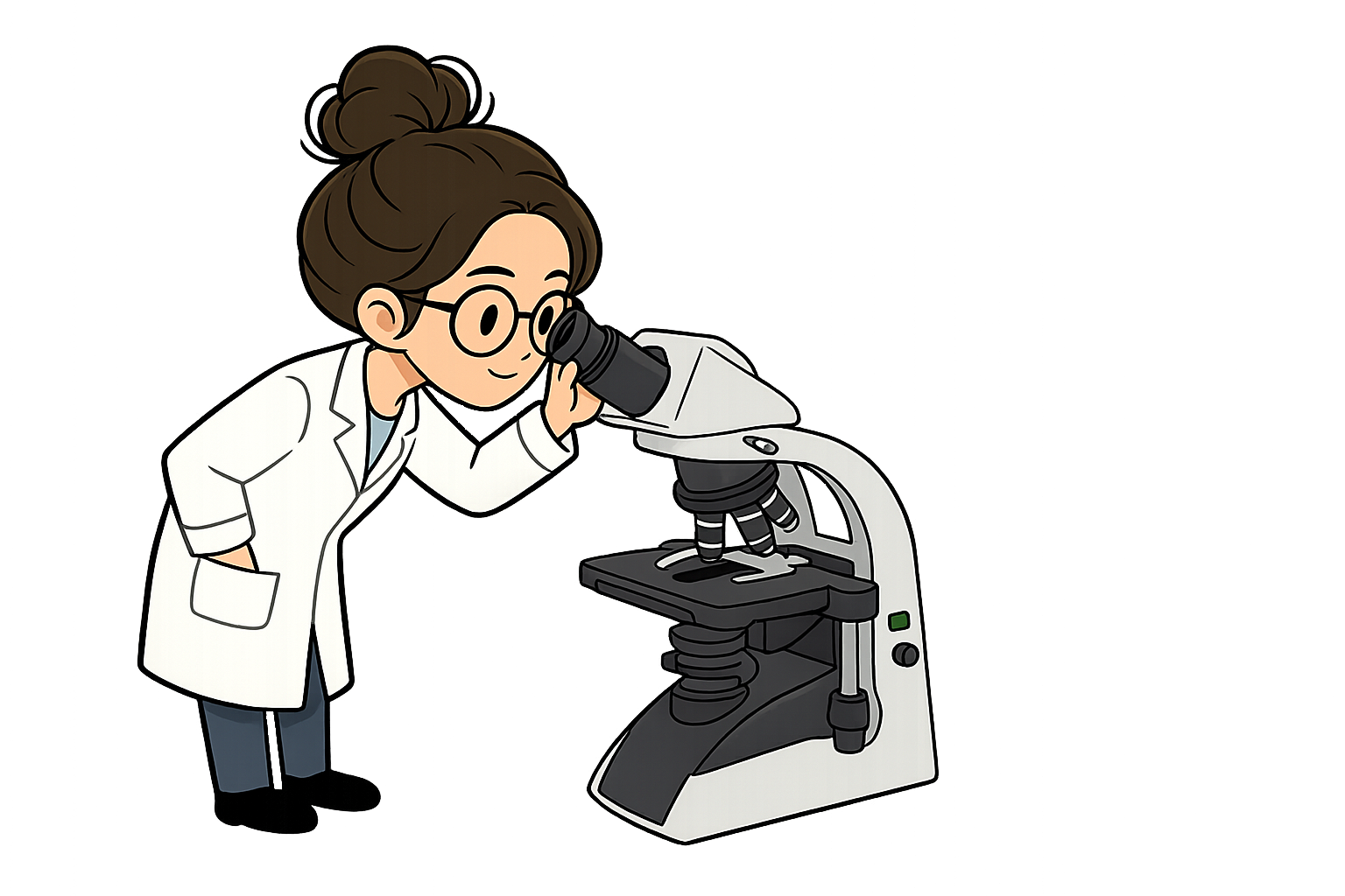 Cartoon scientist woman with glasses looking through a microscope in a laboratory setting.