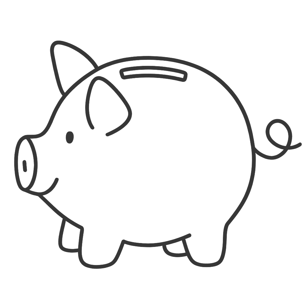 Outline illustration of a piggy bank with a coin slot on top, a rounded body, big ears, and a curly tail.