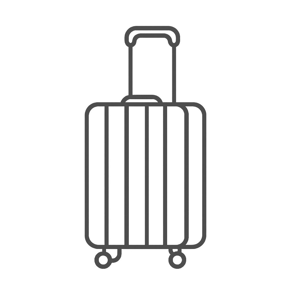 Line drawing of a rolling suitcase with a handle extended.