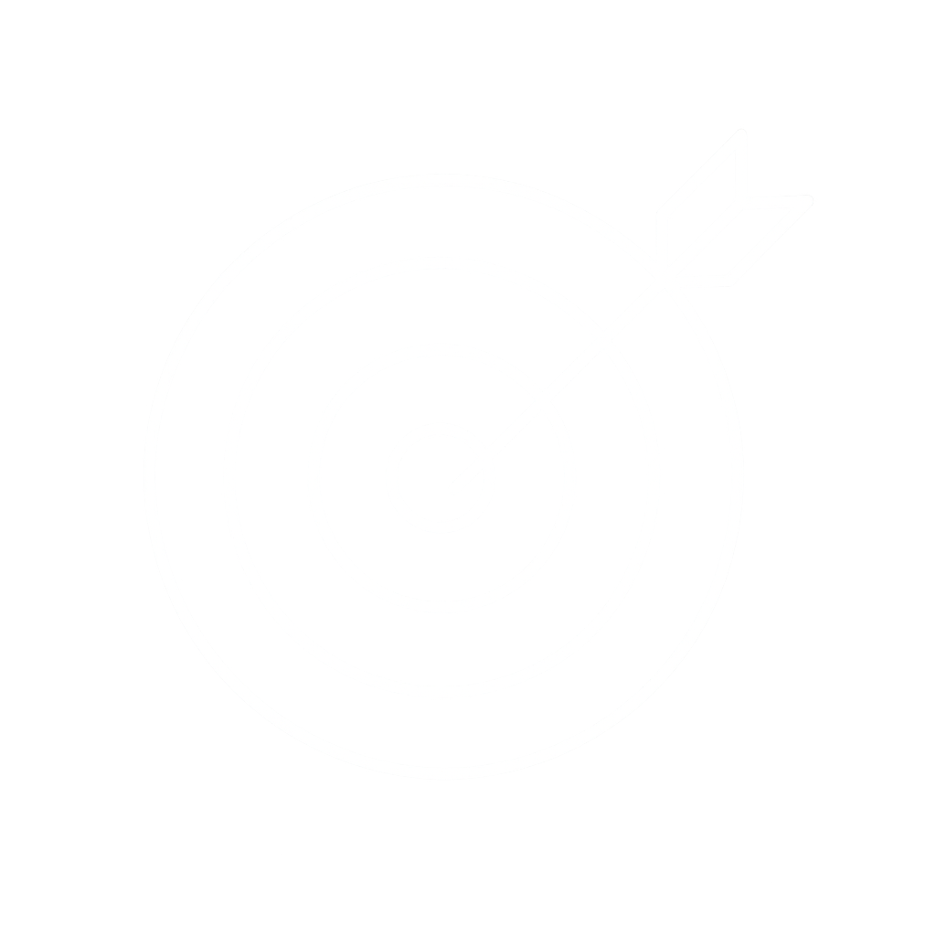 White outline of a target with concentric circles and an arrow hitting the bullseye on a black background.