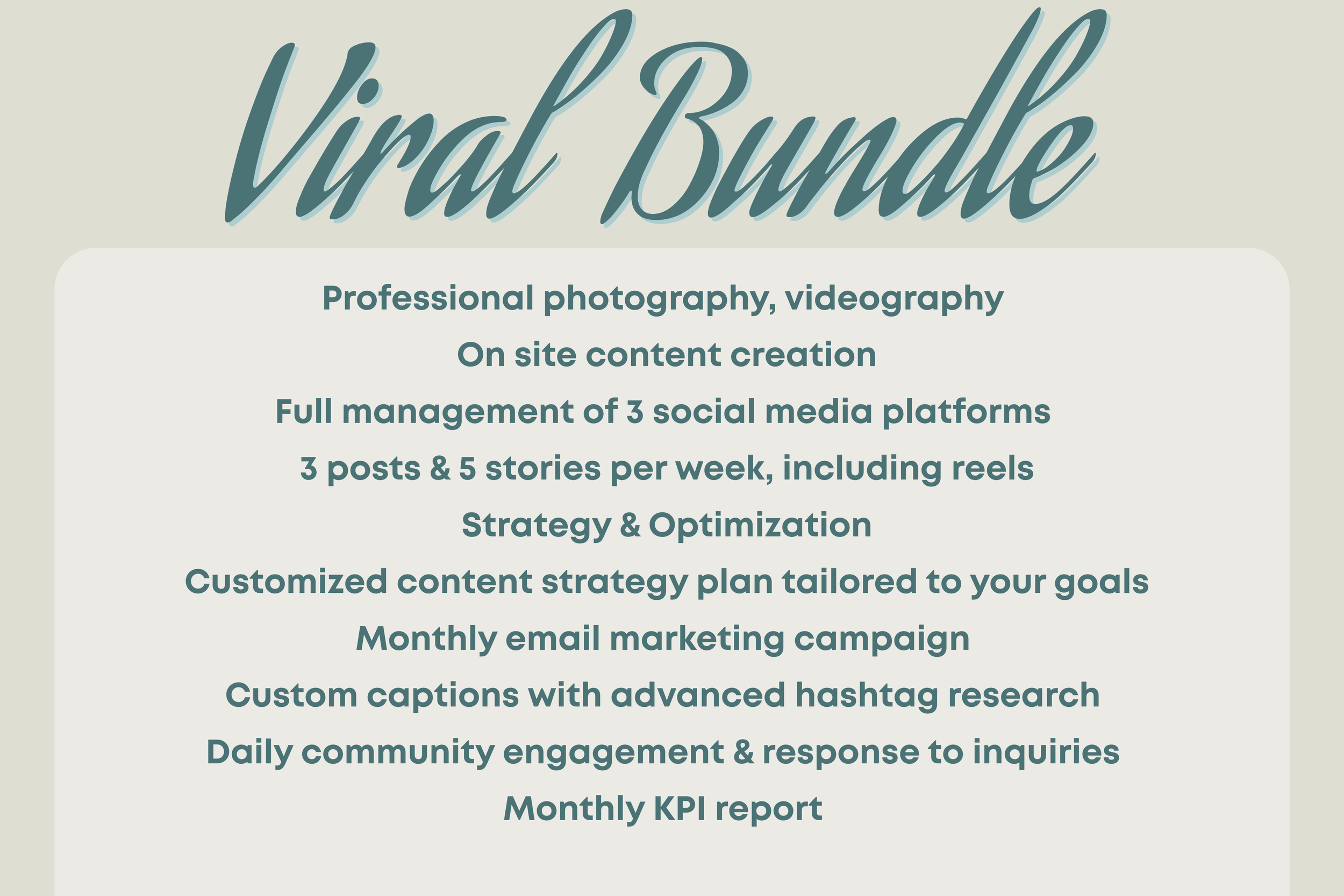 Design promoting a service bundle for viral marketing, including photography, videography, on-site content creation, social media management, and marketing strategies.